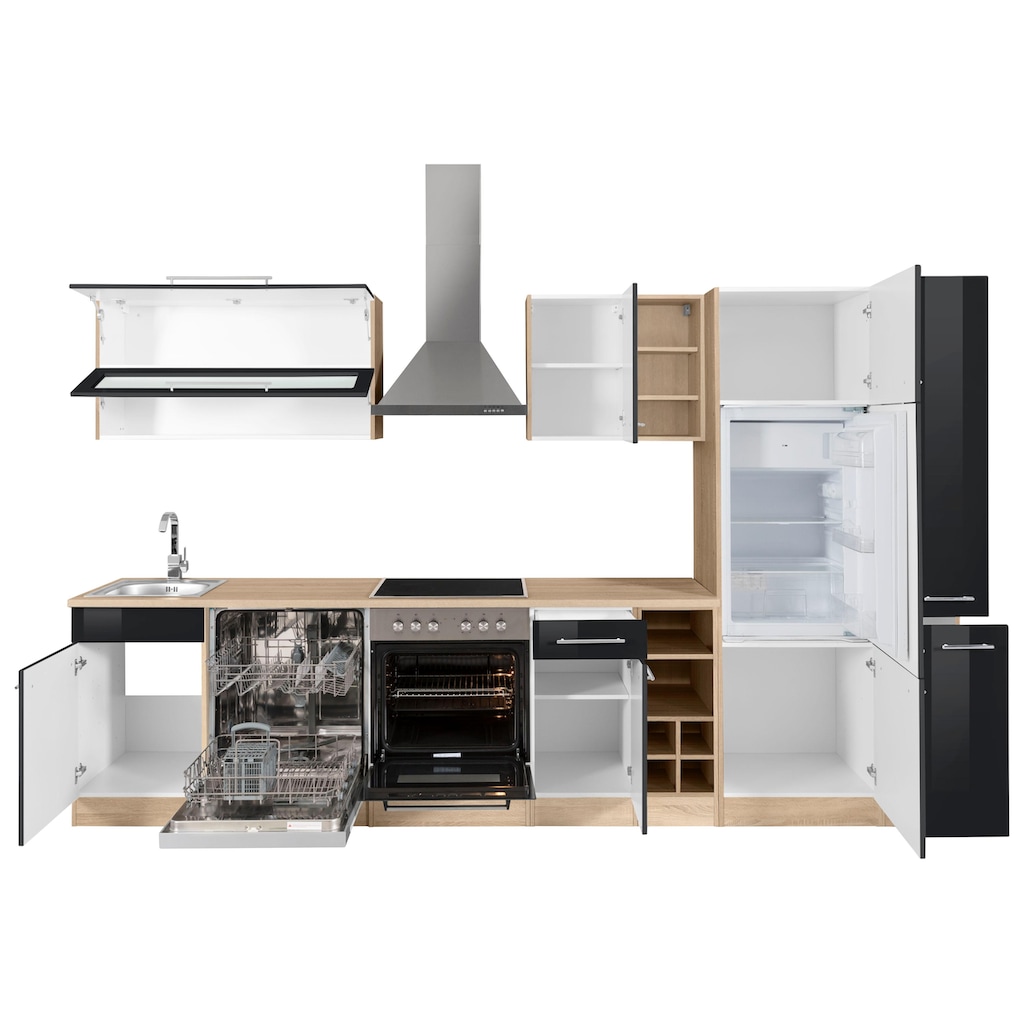 Wohnen Küchenmöbel HELD MÖBEL Küchenzeile »Eton«, ohne E-Geräte, Breite 330 cm schwarz Hochglanz-eichefarben