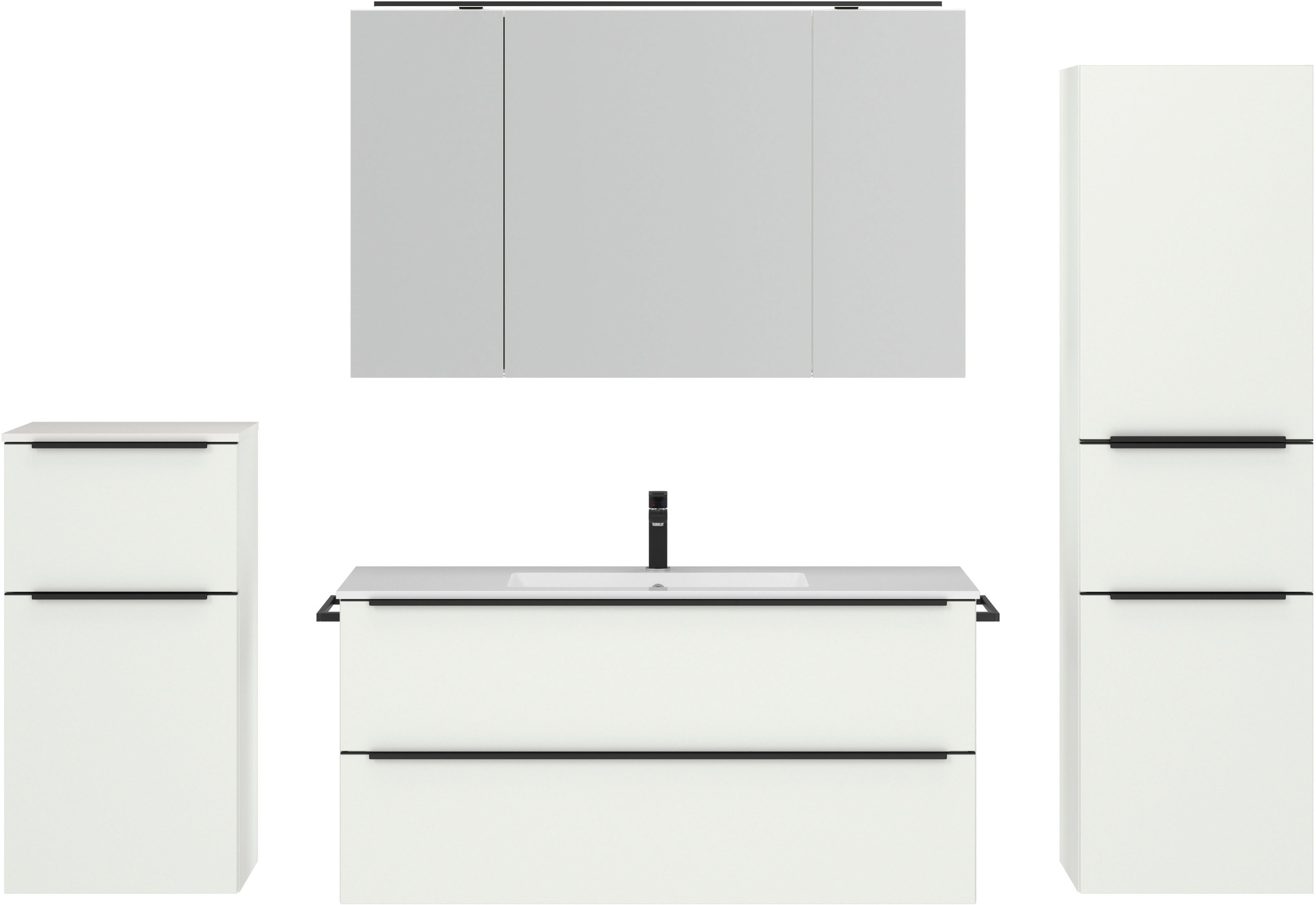 nobilia® Badmöbel-Set »Levere«, (4 St., vormontiert, mit Soft-Close), inkl. Spiegelschrank mit Beleuchtung und Dimmerfunktion, in 4 Breiten