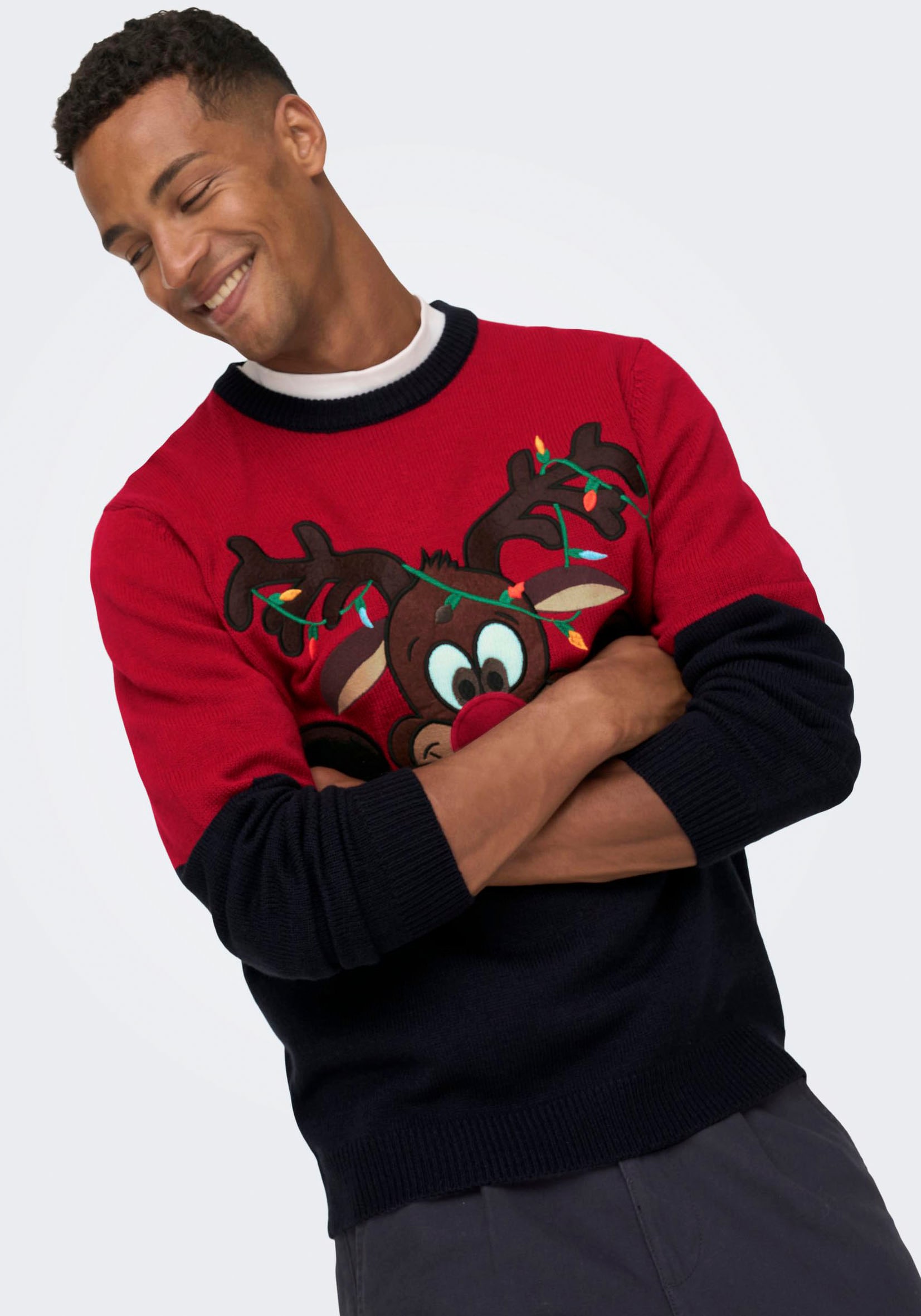 ONLY & SONS Weihnachtspullover mit Bündchen an Ärmel und Saum