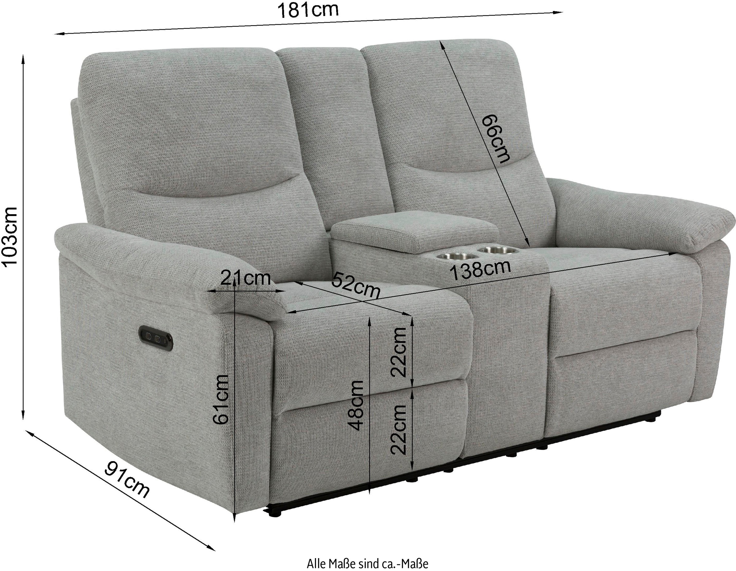 Home affaire 2-Sitzer »ODILON, 2er-Kinosofa, TV-Sessel, Mulitmedia-Sofa, Struktur, USB A/C,«, Relaxfunktion manuell u. elektrisch, Getränkehalter, Staufach