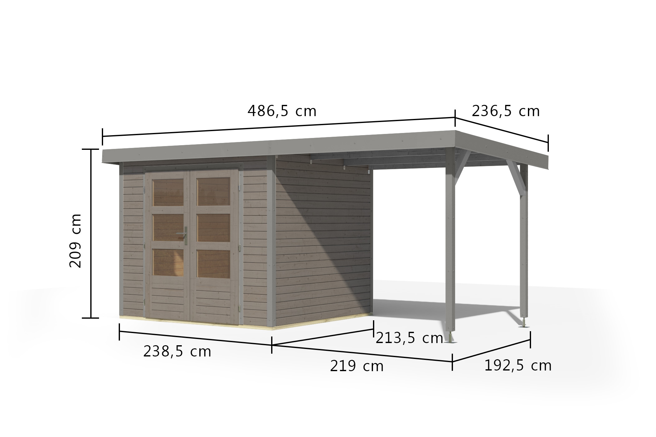 Karibu Gartenhaus »"Jupiter 3 D" SET wassergrau, mit Anbaudach 2,35 m breit«, hochwertige Materialien: nordische Fichte, Stahlecken, Trapezblechdach
