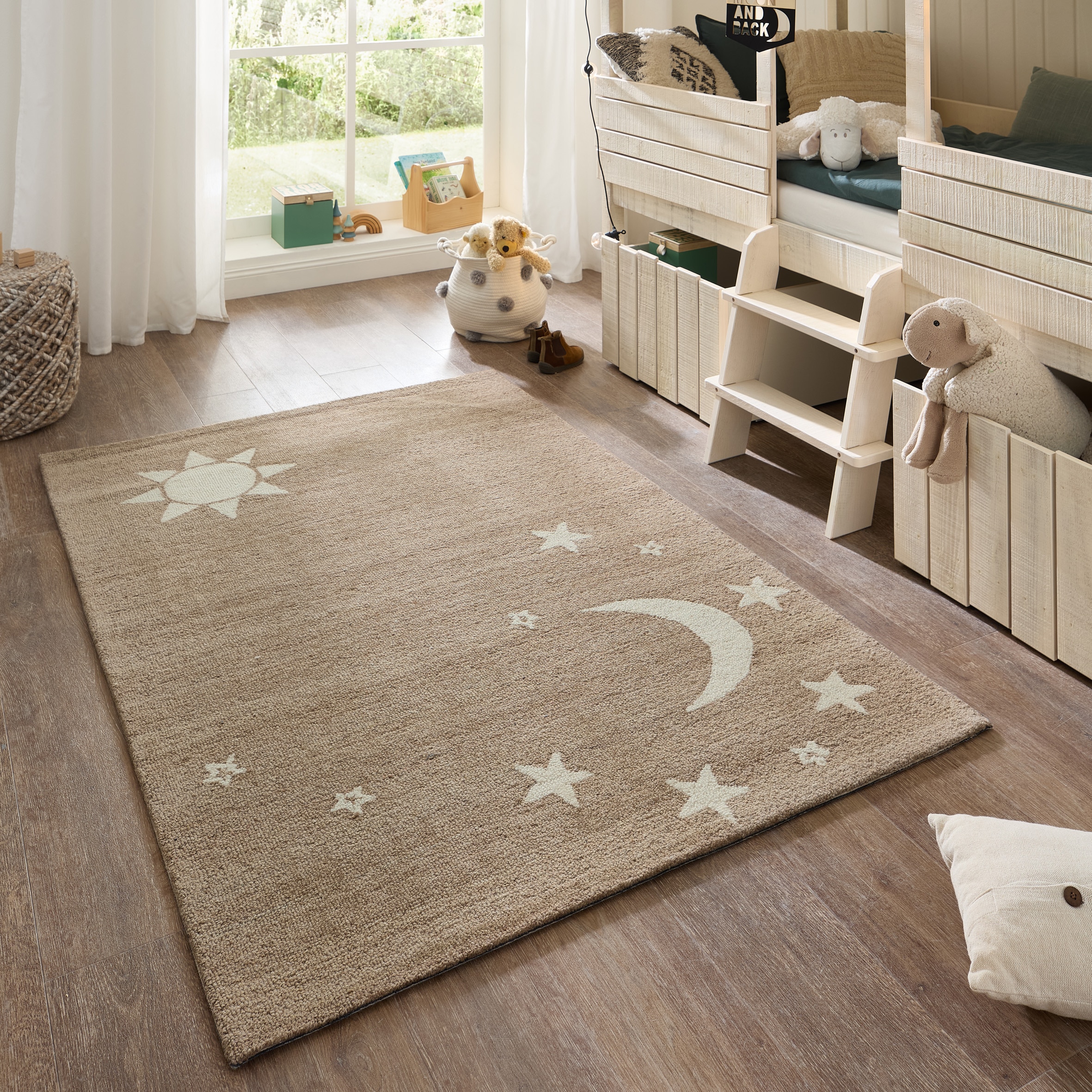 THEKO Kinderteppich "Gaia Kids Sky" rechteckig 10 mm Höhe getuftet, reine Schurwolle, Motiv Mond & Sterne, Kinderzimmer