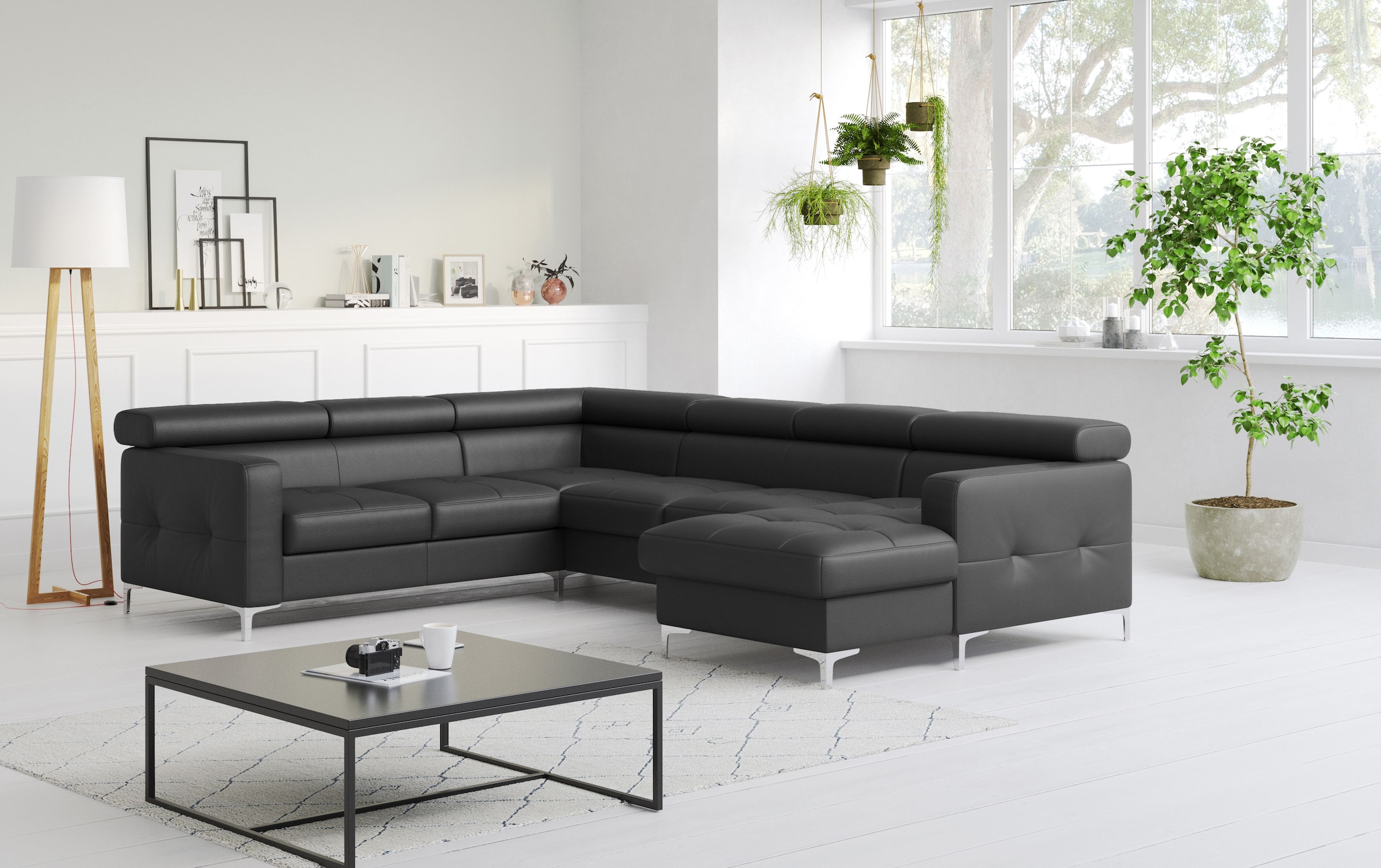 Wohnlandschaft COTTA, B:304cm H:74cm T:240cm, schwarz, NaturLEDER, die Rückseite ist mit schwarzem und die Liegefläche der Bettfunktion ist mit