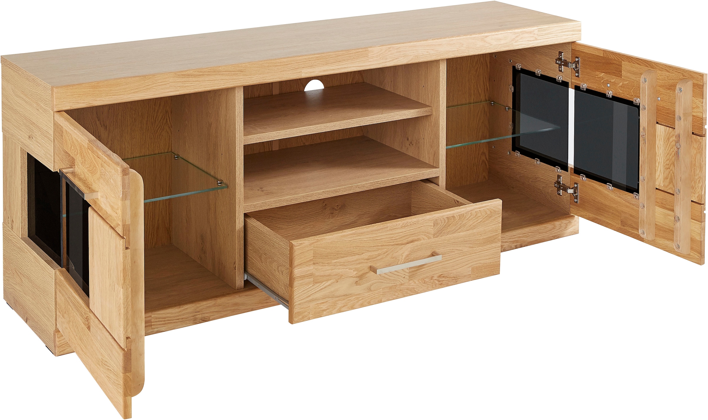 Home affaire Lowboard »Ribe,140cm breit, Fronten Massivholz,6 Fächer,Kabeldurchführung«, Korpus Holzwerkstoff,Glaseinsatz aus gehärtetem Glas,Böden versetzbar