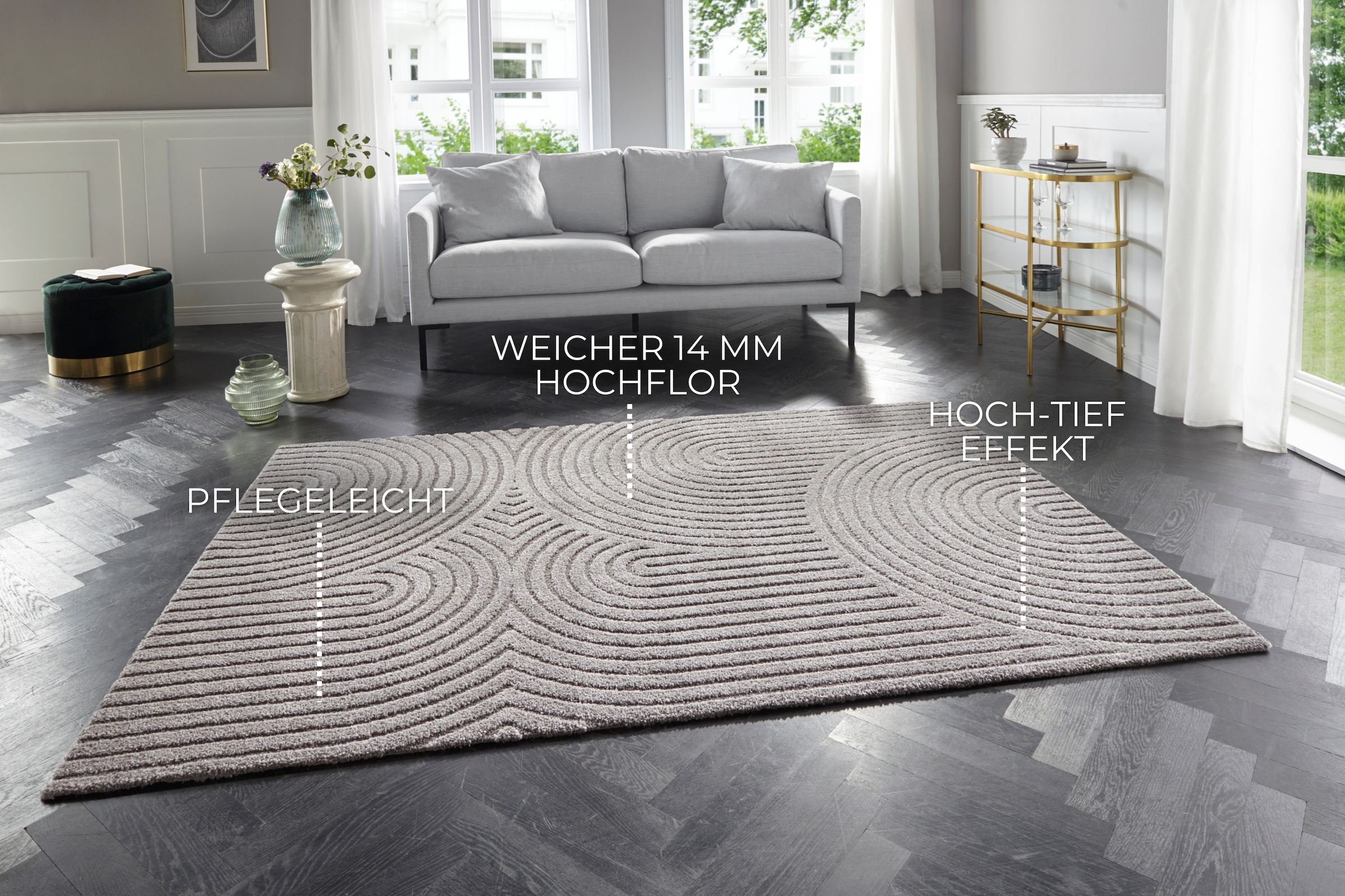 ELLE DECORATION Designteppich »Panglao, eckig, rund und Läufer«, rechteckig, 14 mm Höhe, flauschiger uni Kurzflor, Hoch Tief Struktur, modern, Wohnzimmer