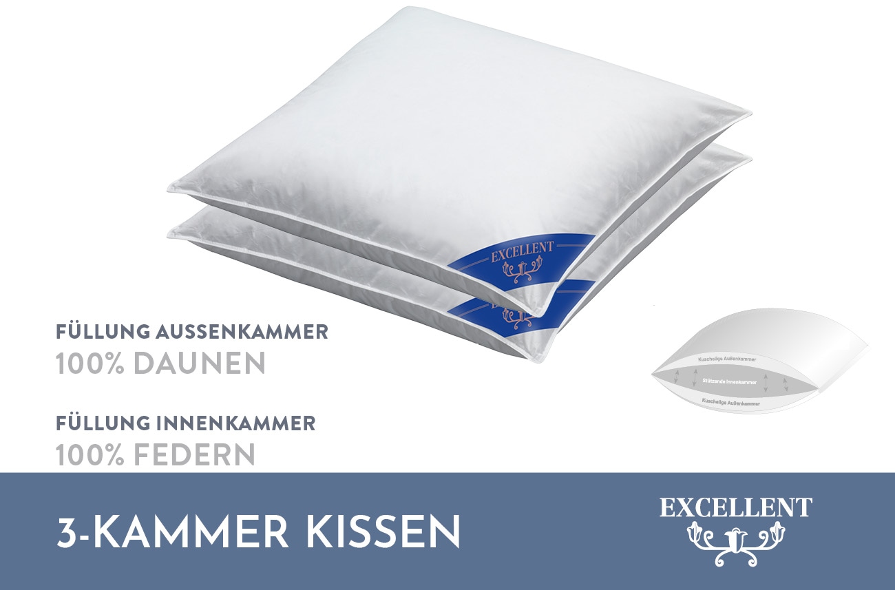 Excellent 3-Kammer-Kopfkissen »Kopfkissen "Venedig" Kissen mit Feder und Daunen Füllung. Kuschelig weiches Kopfkissen.«, Füllung: 100% Daunen (Außenkammer), Bezug: 100% Baumwolle, hergestellt in Deutschland, allergikerfreundlich