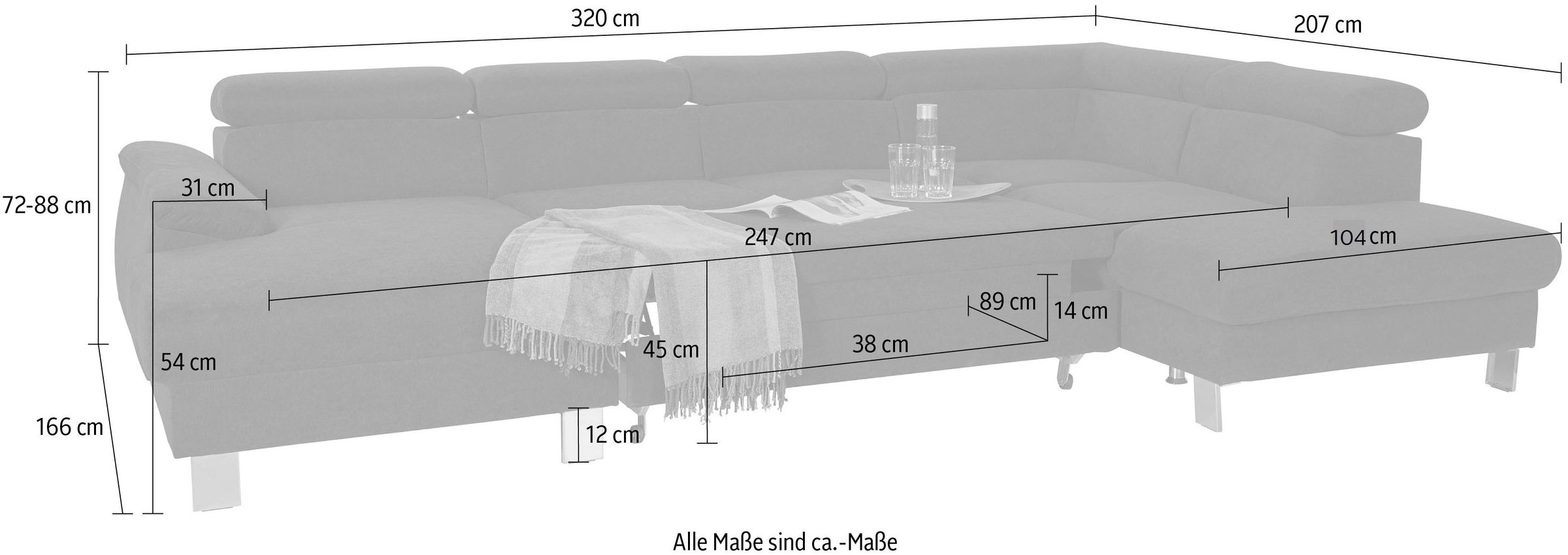 COTTA Wohnlandschaft »Komaris U-Form mit Kopfteilverstellung«, wahlweise mit Bettfunktion, Bettkasten & Beleuchtung
