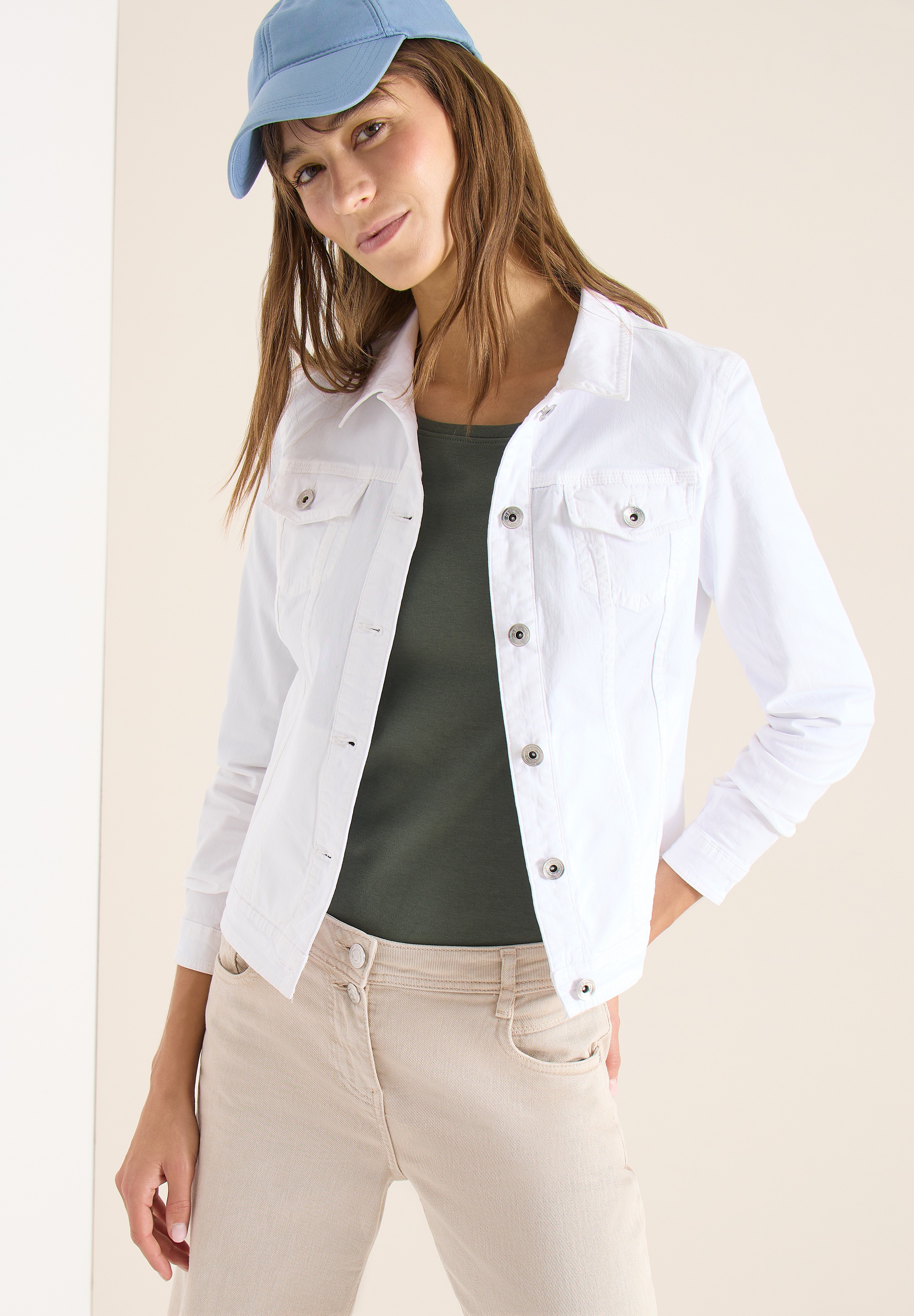 Jeansjacke CECIL, Damen, Gr. XXL (46), weiß, Web, 98% Baumwolle, 2% Elasthan, unifarben, comfort fit normal, V-Ausschnitt, Bündchen, Jacken Jeansjacke, aus Baumwolle mit Stretchanteil