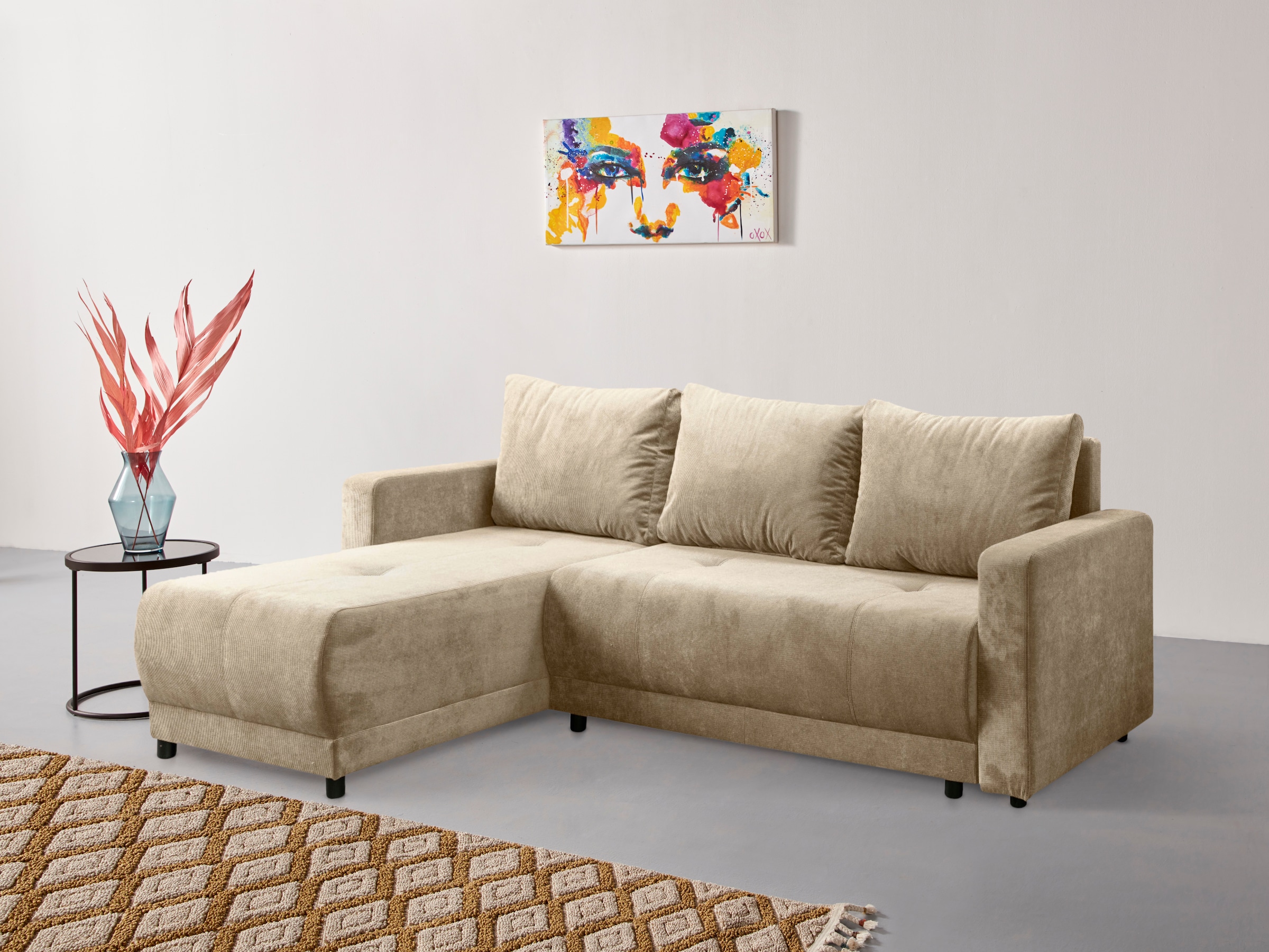 INOSIGN Ecksofa »Navarra, Schlafsofa, 230cm, m. Bettfunktion (115/200cm) und Bettkasten«, Recamiere beidseitig montierbar, in Cord