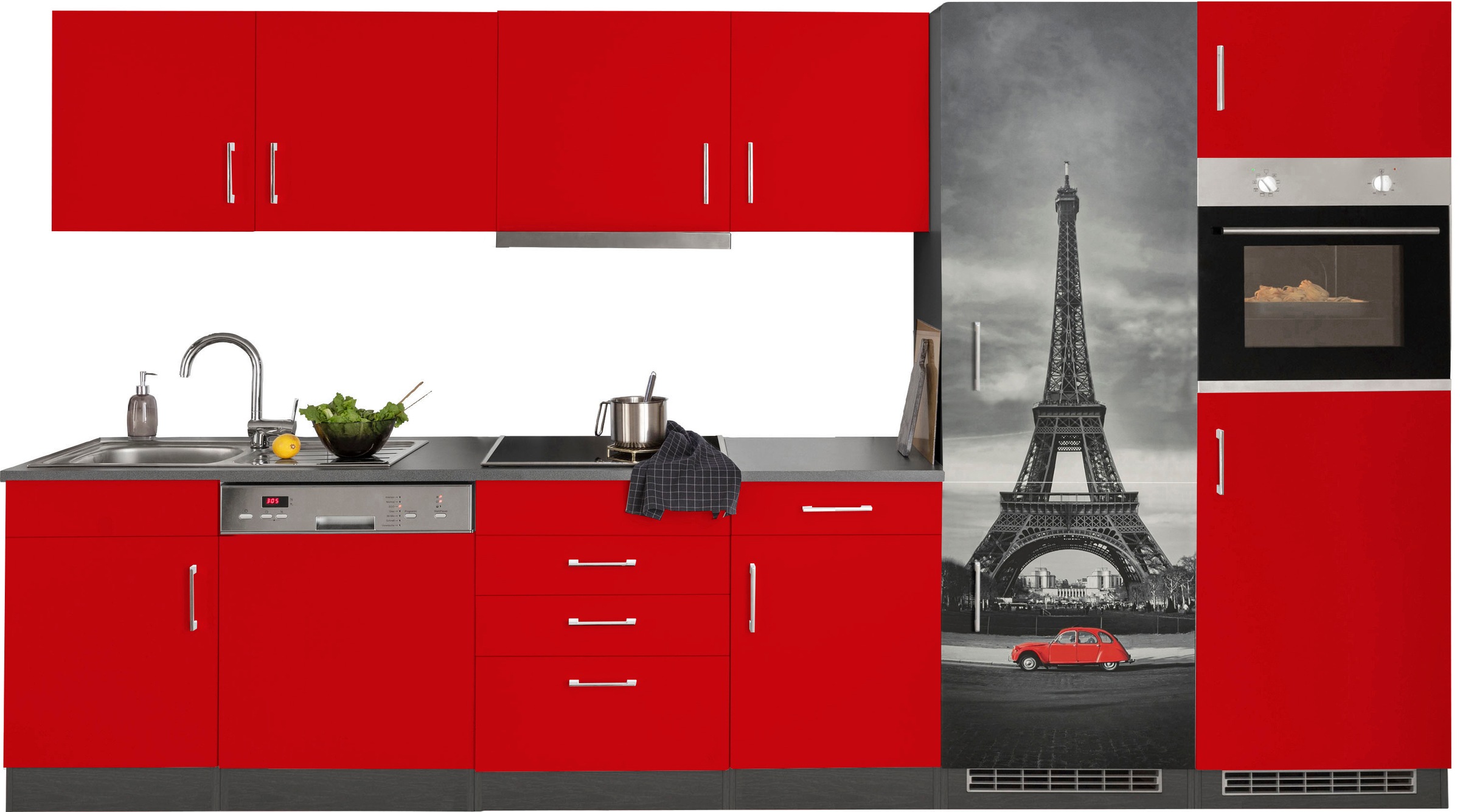 KOCHSTATION Küchenzeile "KS-Paris - Küchen mit einzigartigen Fotomotiven auf den Fronten" Breite 340 cm, wahlweise mit E-Geräten und Induktion