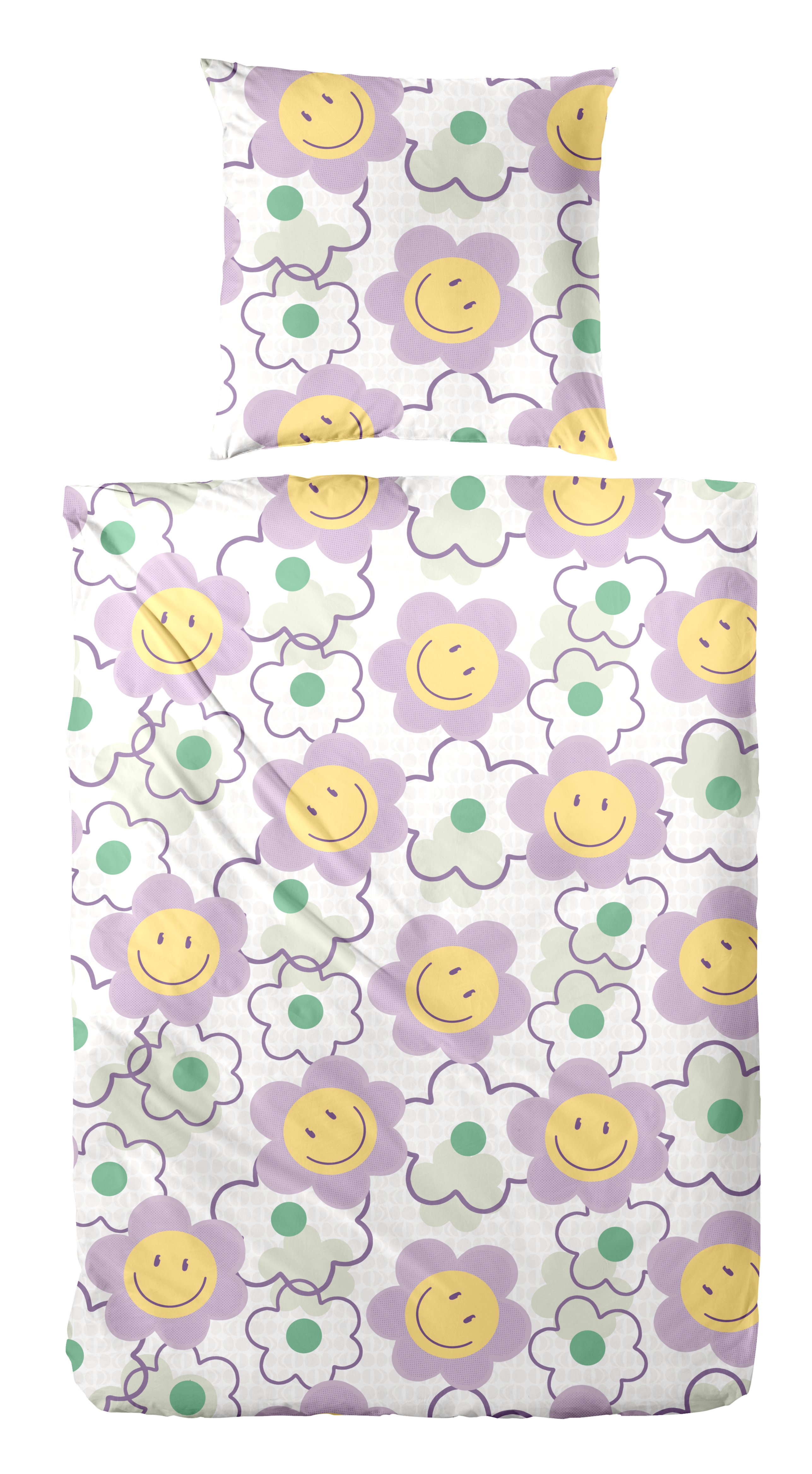 Primera Bettwäsche "Renforce-Bettwäsche Smile for me" 2 Stk. mit Smiley Blüten in bunten Farben