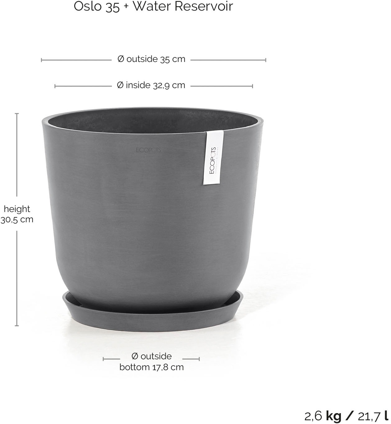 ECOPOTS Blumentopf »Oslo 35 + Wassersystem Grau« für innen und außen: frostsicher, bruchsicher und lichtbeständig