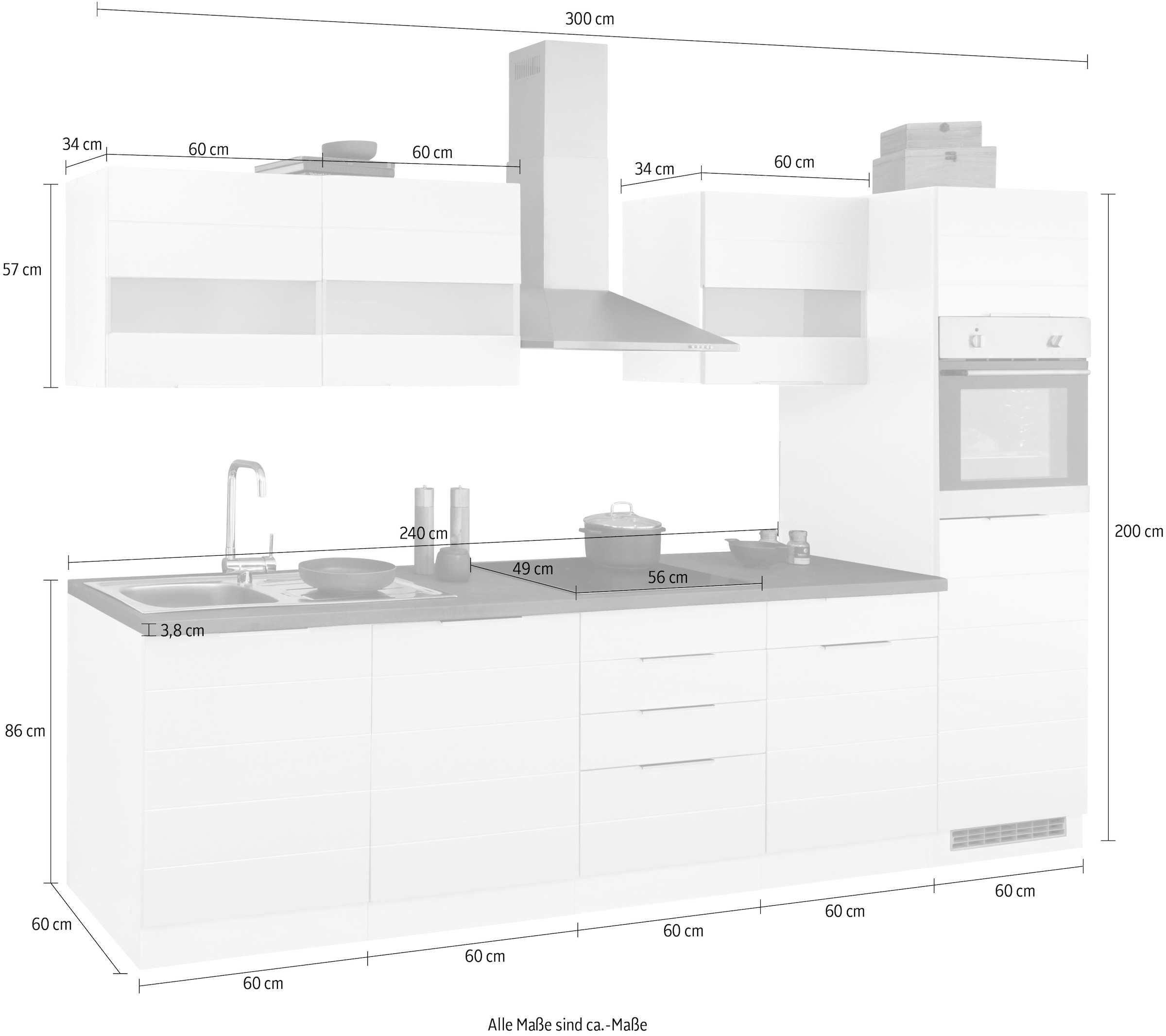KOCHSTATION Küchenzeile »KS-Luhe« 300 cm breit, wahlweise mit oder ohne E-Geräten, gefräste MDF-Fronten