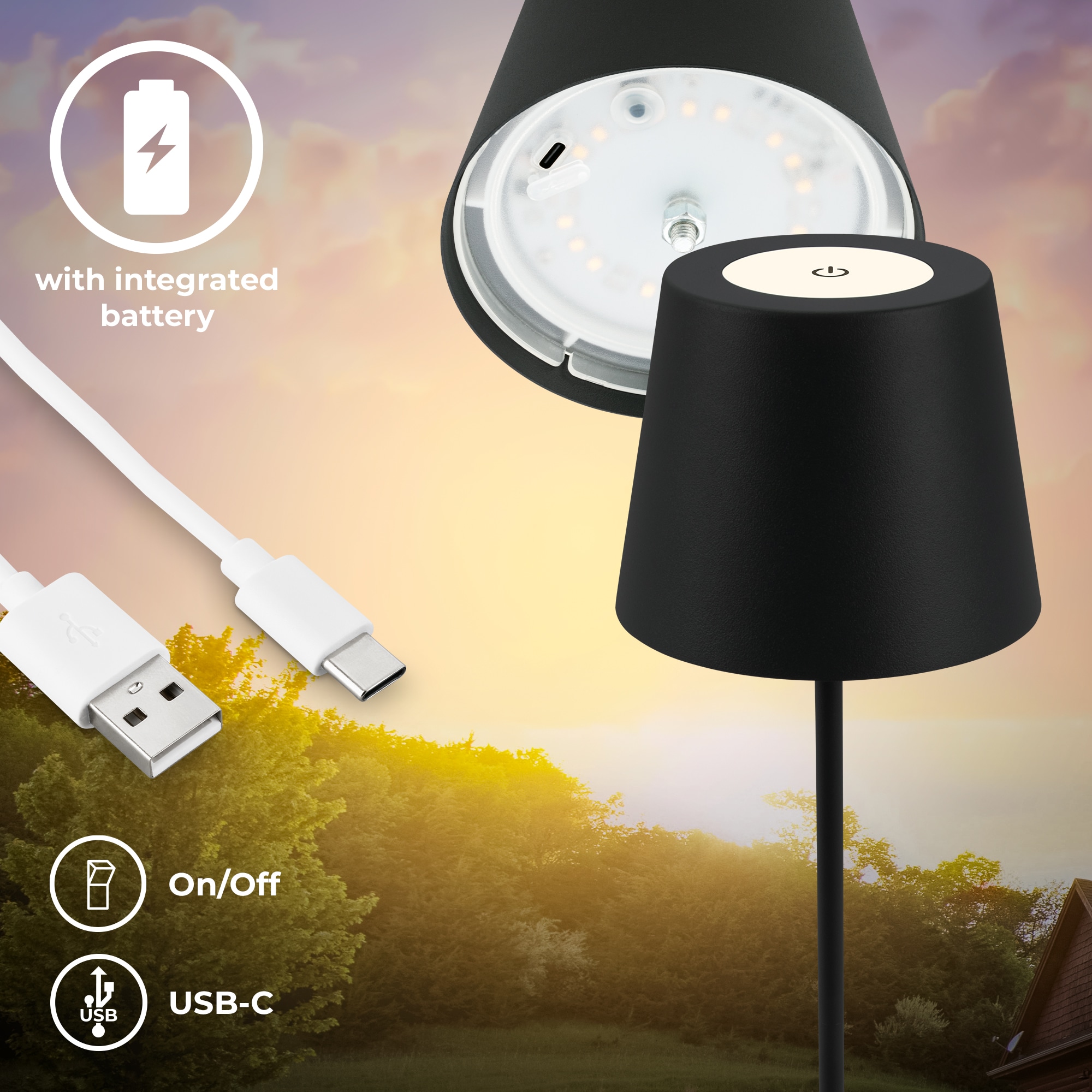 B.K.Licht Außen-Tischleuchte »BK_TL1595 Akku LED Tischlampe, 3-Stufen Touchdimmer, mit USB«, 1 flammig, Leuchtmittel LED-Modul | LED fest integriert, 2.700 K, 200 Lm, 2,5W, IP44, 12h Leuchtdauer, 36 x 10,5 cm, Schwarz