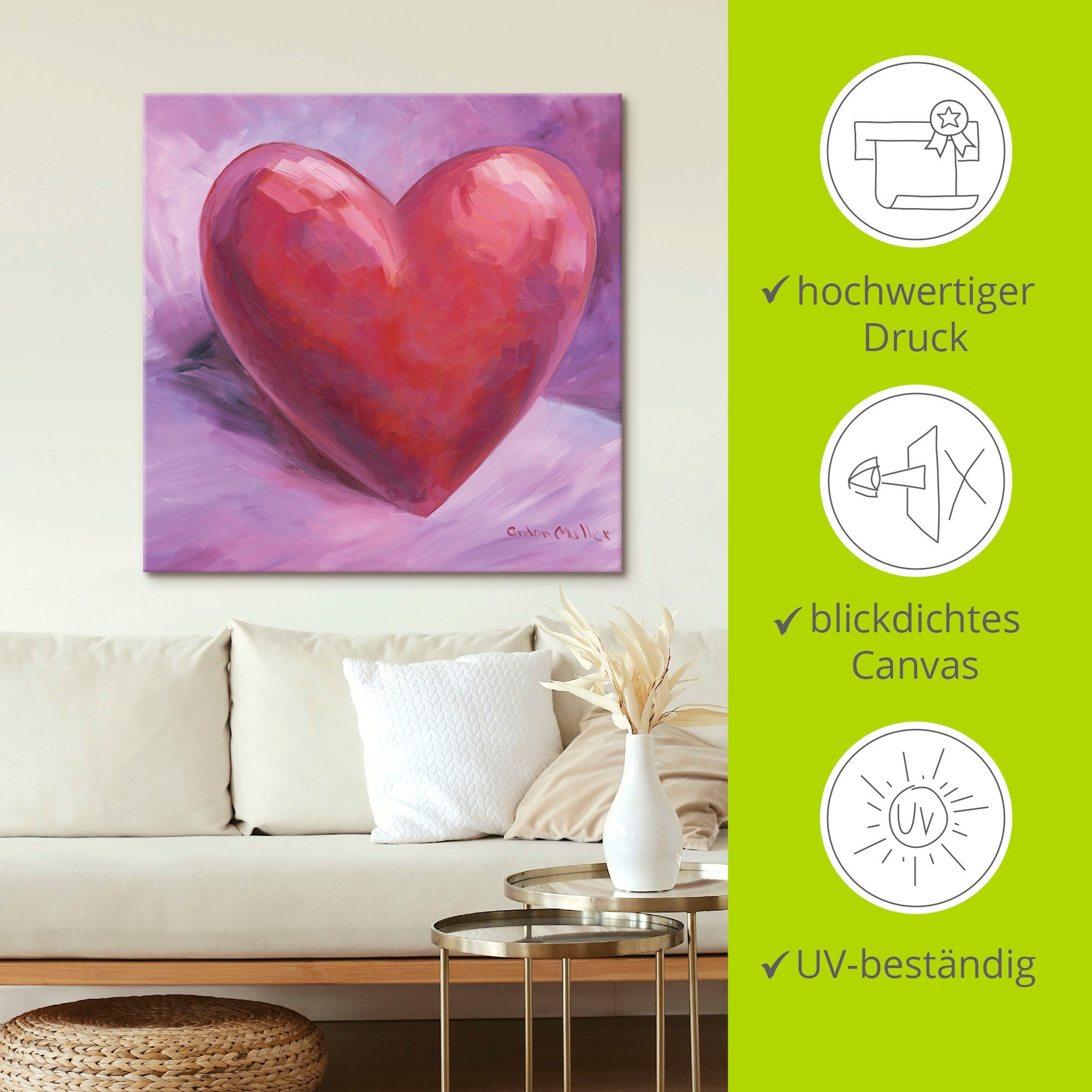 Artland Wandbild »Lila Herz«, Herzen, (1 St.), als Leinwandbild, Poster in verschied. Größen