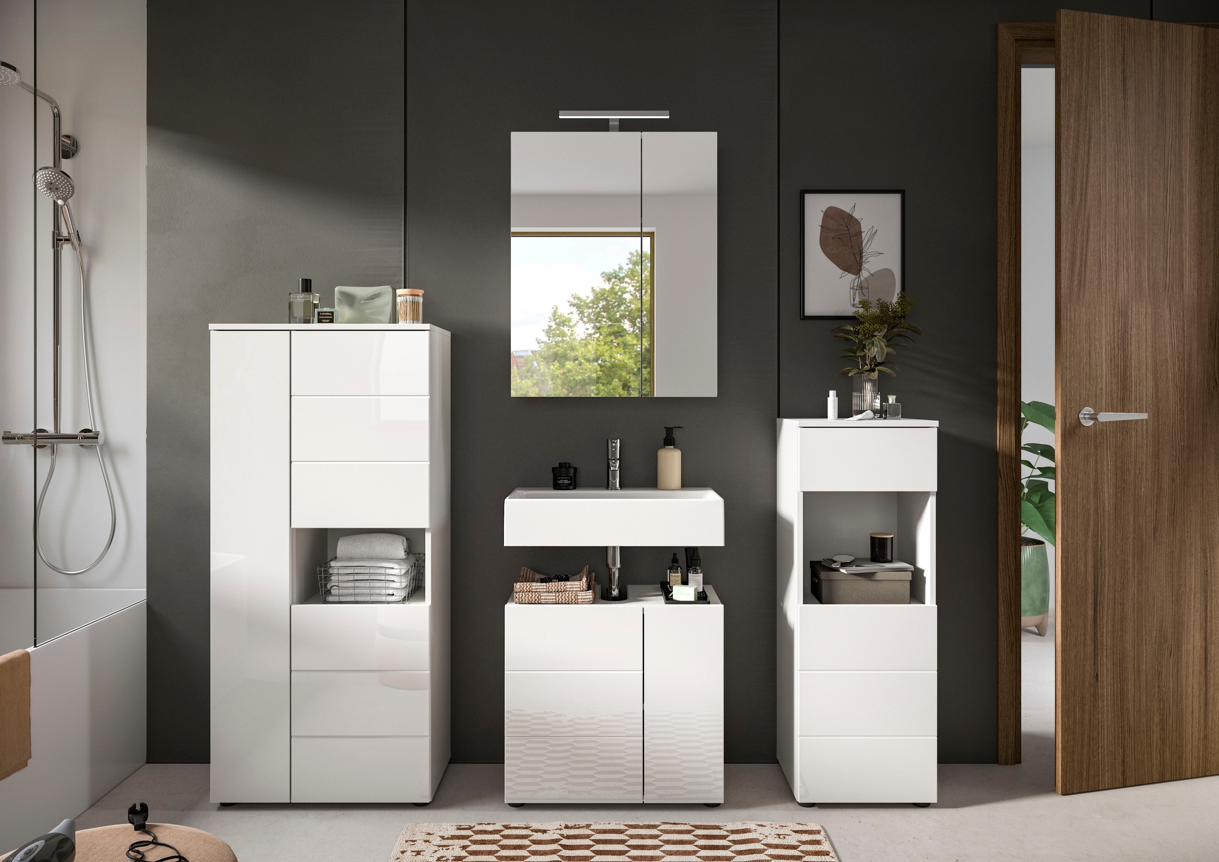 welltime Badmöbel-Set "Biel, Höhe 190 cm,Hochschrank,WBU, Spiegelschrank, U günstig online kaufen