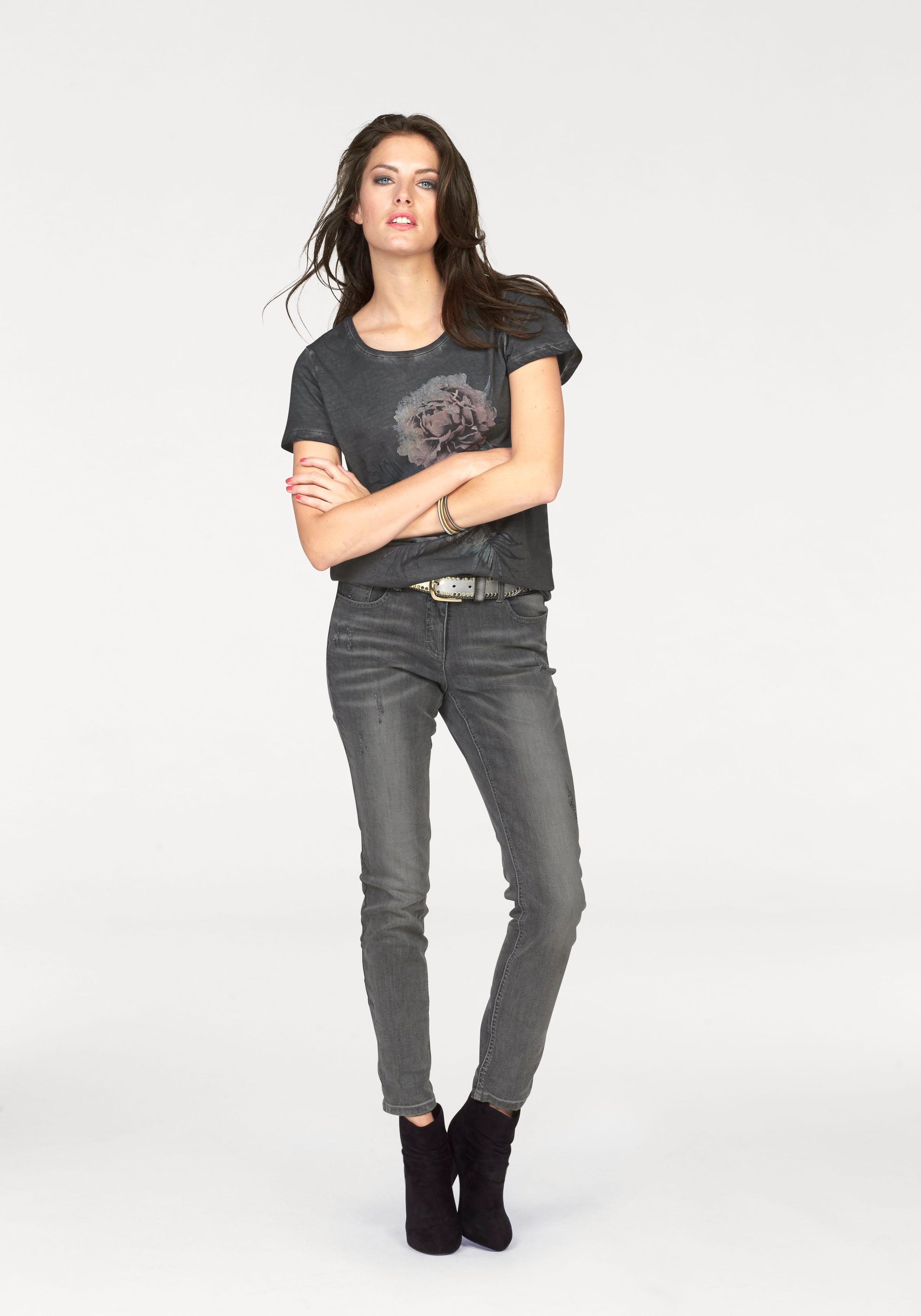 T-Shirt ANISTON CASUAL, Damen, Gr. 38, grau (anthrazit), Jersey, Obermaterial: 100% Baumwolle, bedruckt, figurbetont hüftbedeckend, Rundhals, normaler Saum, Shirts T-Shirt, mit Oil dyed-Waschung, Topseller 3