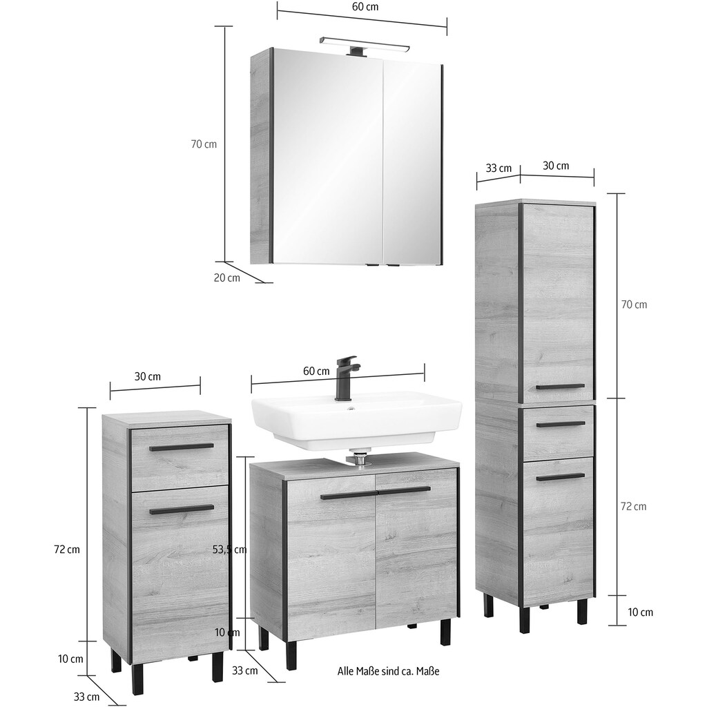 Saphir Badmöbel-Set »Quickset 395 4-teilig, Waschbeckenunterschrank mit LED-Spiegelschrank«, (5 St.), Unterschrank, Midischrank, inkl. Türdämpfer, 7 Türen, 2 Schubladen