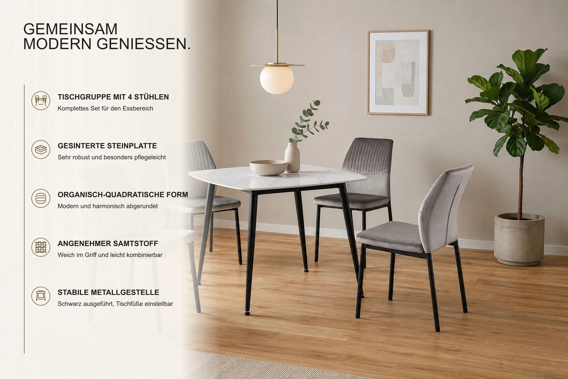 OTTO home Essgruppe »Nora, Set, 5-tlg« Set, 5 tlg. mit 4 bequemen Stühlen, Esstisch aus gesintertem Stein in Keramikoptik