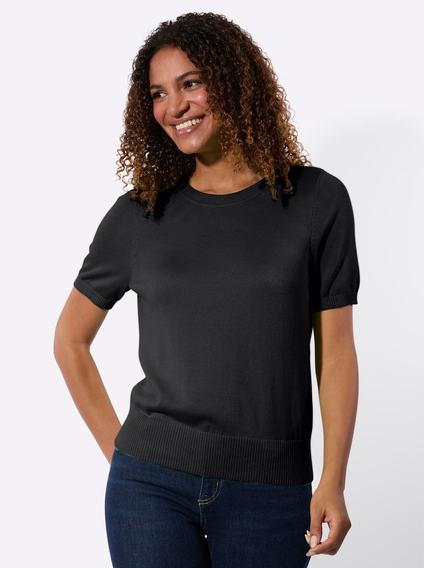 Kurzarmpullover CASUAL LOOKS "Kurzarm-Pullover", Damen, Gr. 44, schwarz, 100% Baumwolle, unifarben, Pullover