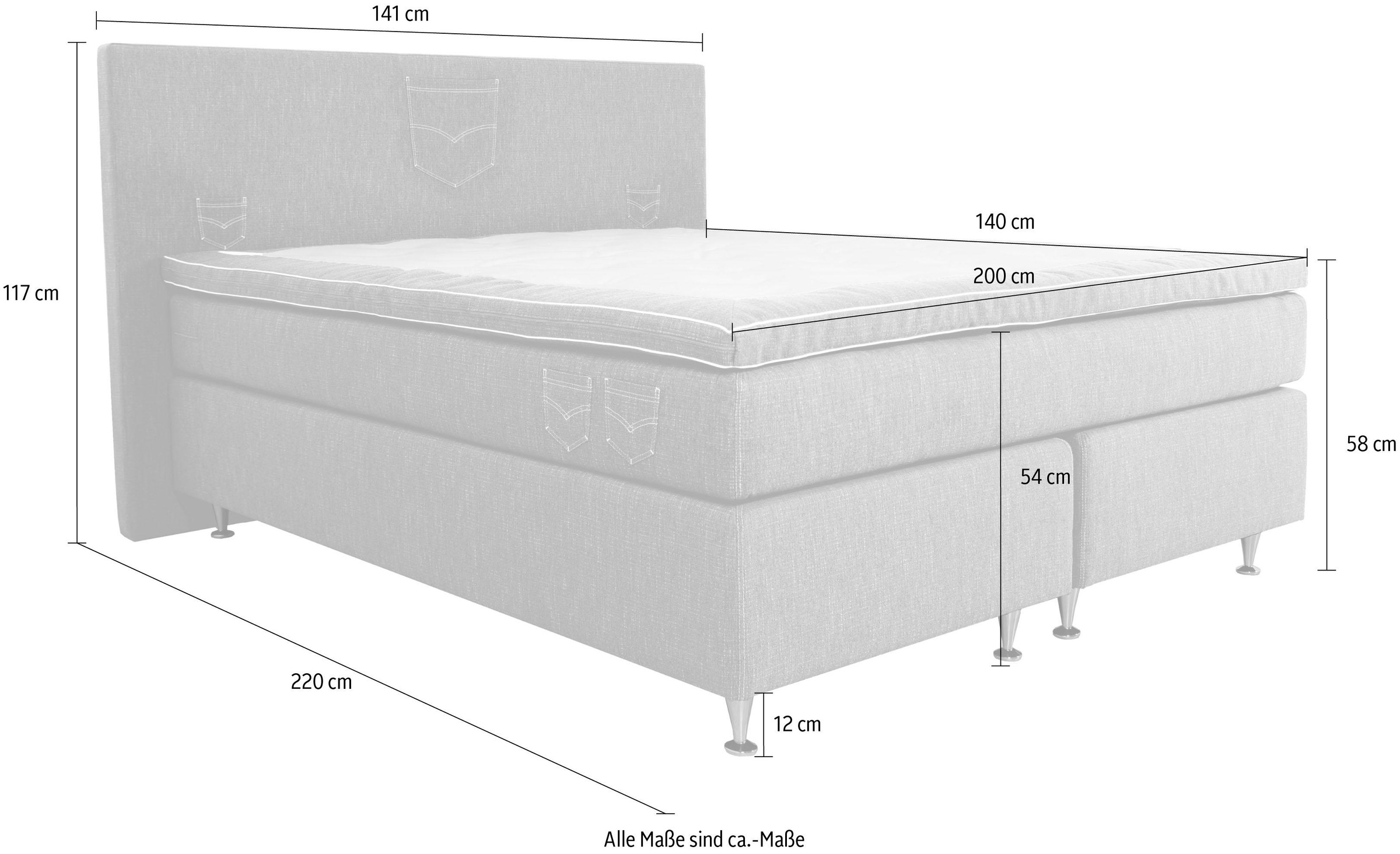 INOSIGN Boxspringbett »Zahara«, inkl. Topper, besonderes Highlight: aufgenähten Jeanstaschen - Optik
