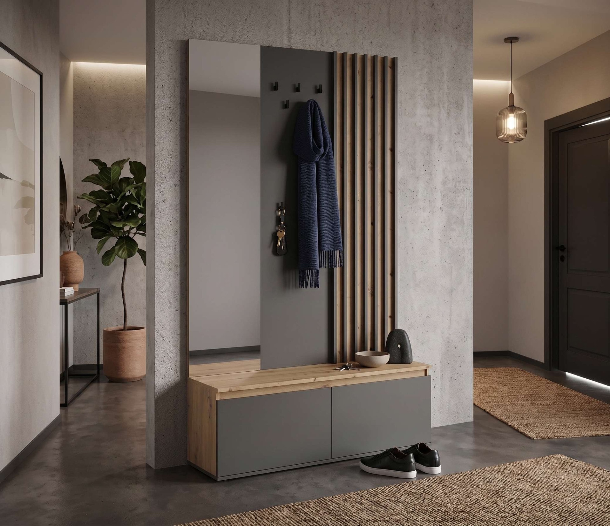 Home affaire Garderobenpaneel »LANDUVA Garderobe mit Schuhschrank, Spiegel und Haken, Breite 120 cm« Garderoben-Set, Kompaktgarderobe, mit Sitzbank, Lamellen Design