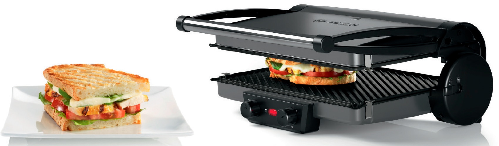 BOSCH Kontaktgrill »TCG4215, 3-in1-Kontaktgrill, Temperaturregler, einfache Reinigung« 2000 W Fettablaufrinne, Auflaufform, herausnehmbare Aluminium-Grillplatten,
