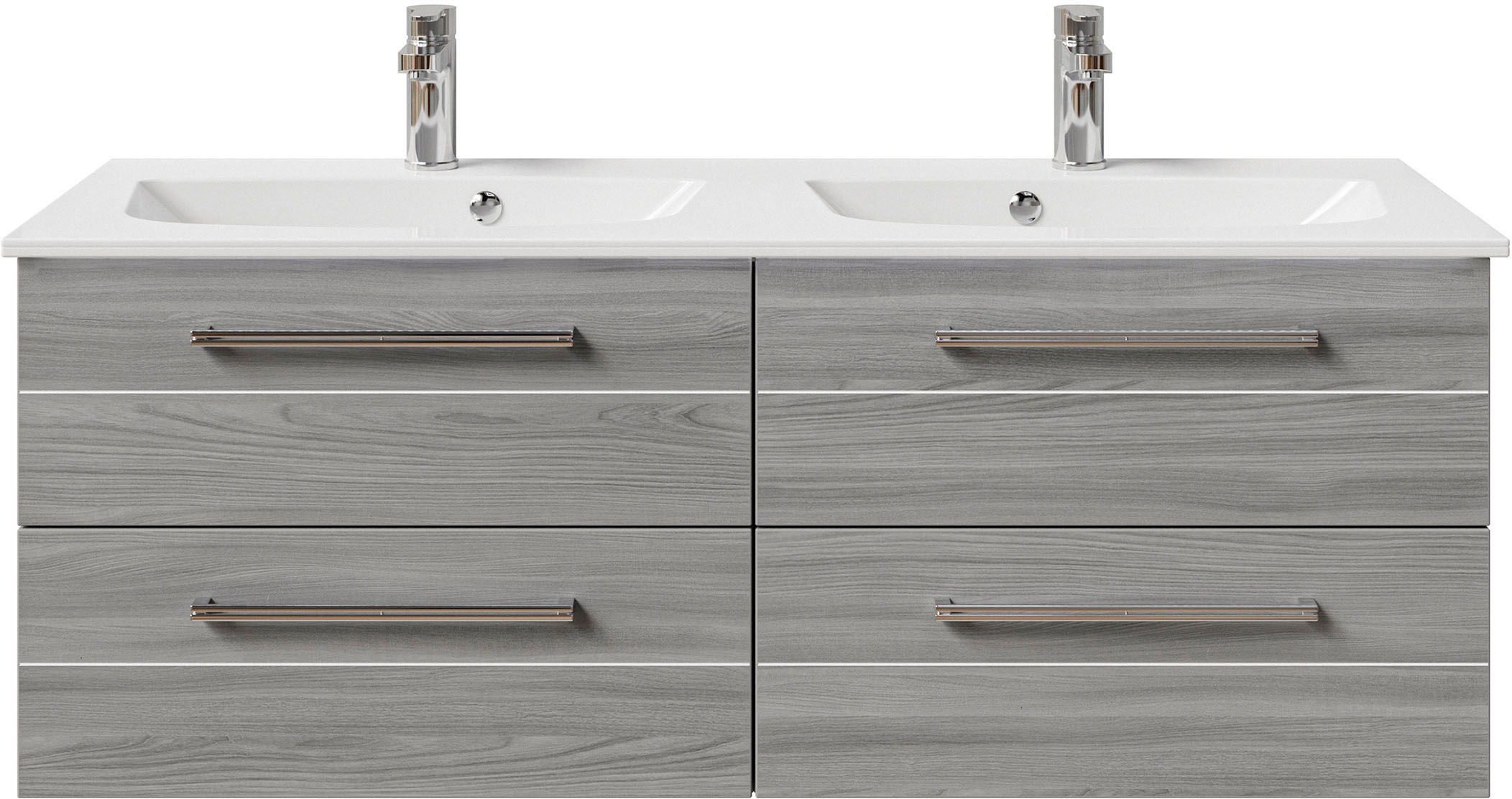 Saphir Badmöbel-Set »Serie 6025 2-teilig Mineralmarmor-Waschtisch mit LED-Spiegelschrank«, (2 St.), Waschplatz 132cm breit, 4 Schubladen, 2 Spiegel-Türen, inkl Türdämpfer