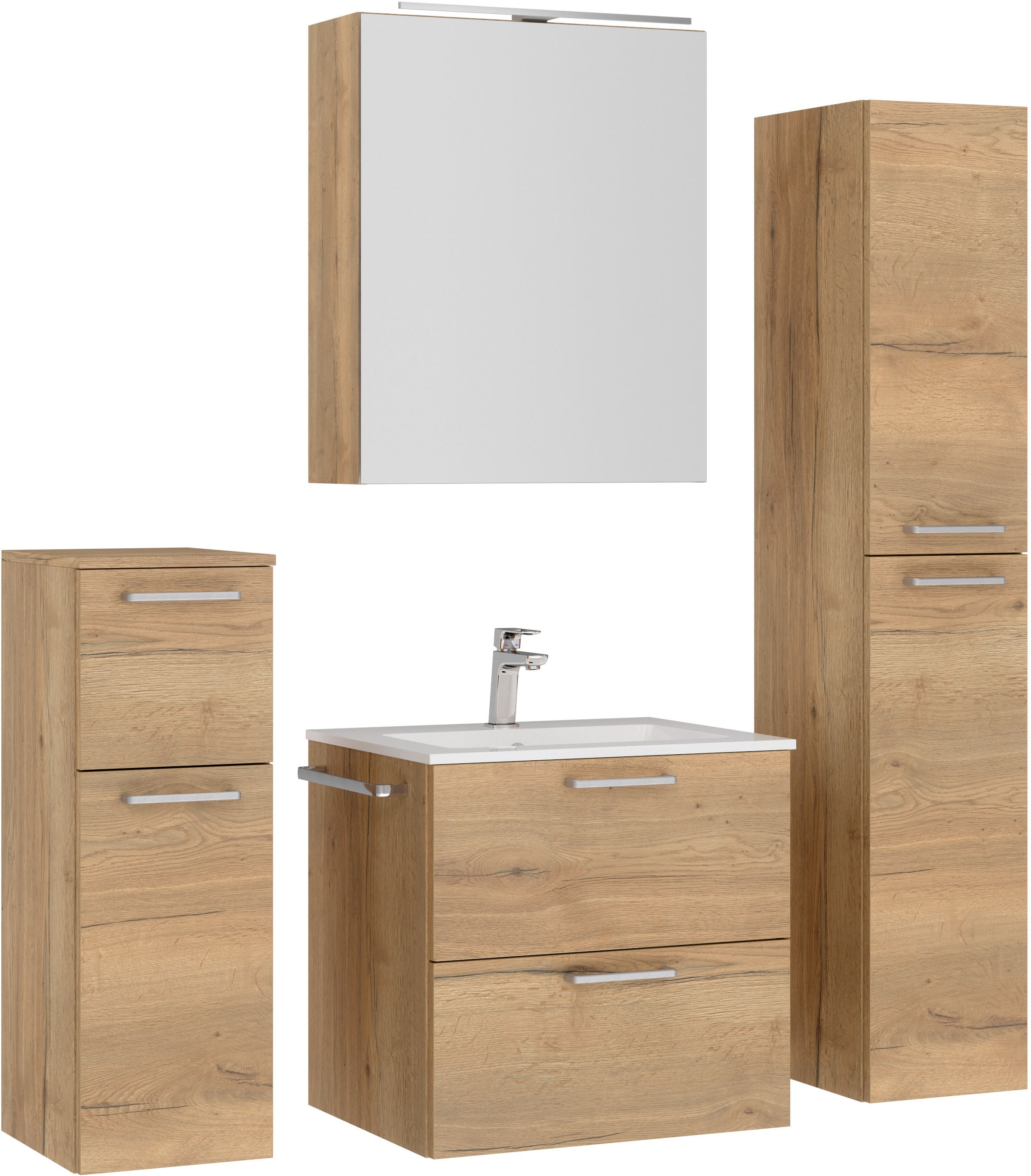 nobilia® Badmöbel-Set »Tolvina«, (4 St., vormontiert, mit Soft-Close), inkl. Spiegelschrank mit Beleuchtung und Dimmerfunktion, in 4 Breiten