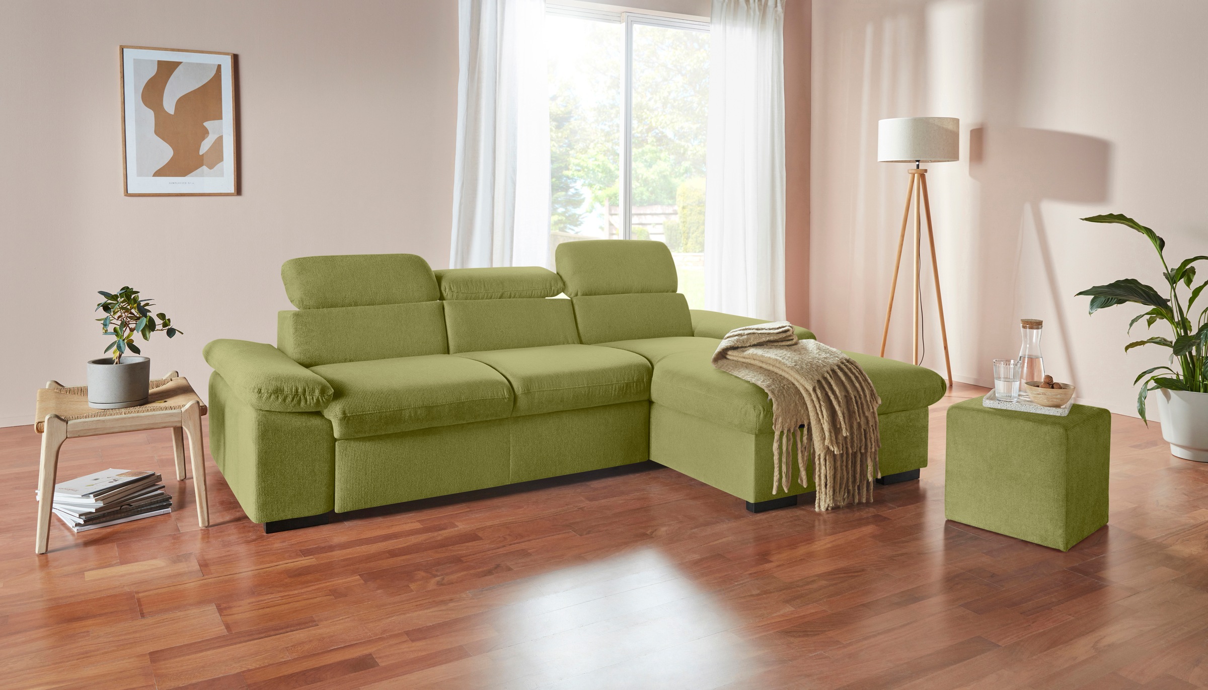 COTTA Ecksofa »Lola L-Form mit Kopfteilfunktion & Hocker«, (Set, mit Hocker), wahlweise mit Bettfunktion, Bettkasten & Armteilverstellung