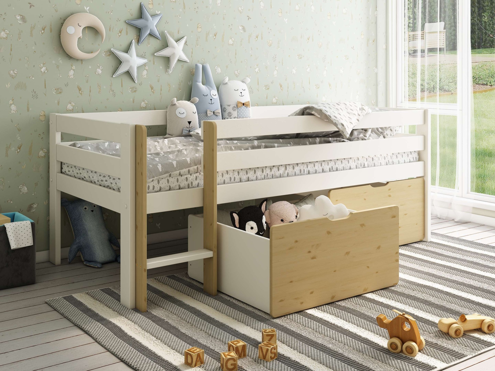 OTTO home Kinderbett »Tide« Kinderbett inklusive Lattenrost und 2 Bettkästen, 4 tlg. inklusive 2 Bettschubkastensten für Spielzeug, Rundumrausfallschutz