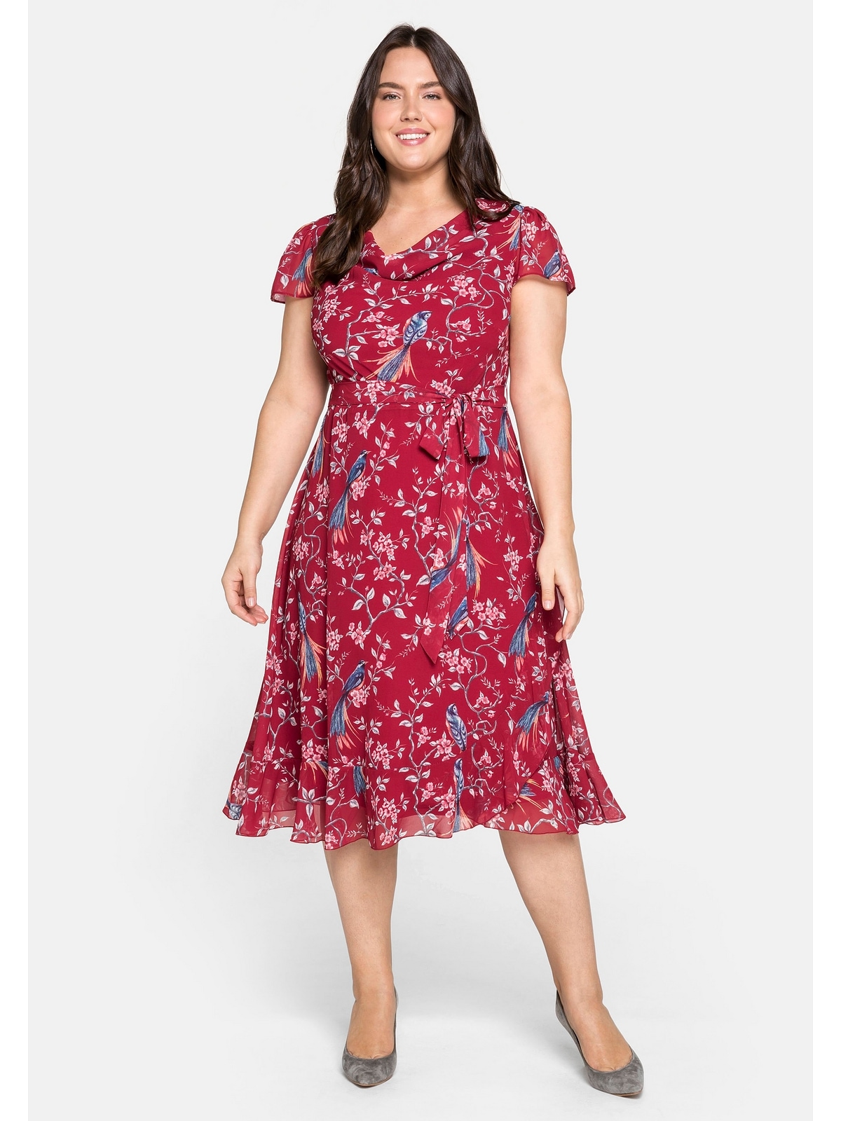 sheego by Joe Browns Chiffonkleid »Große Größen«, mit Blumenprint und Wasserfallkragen