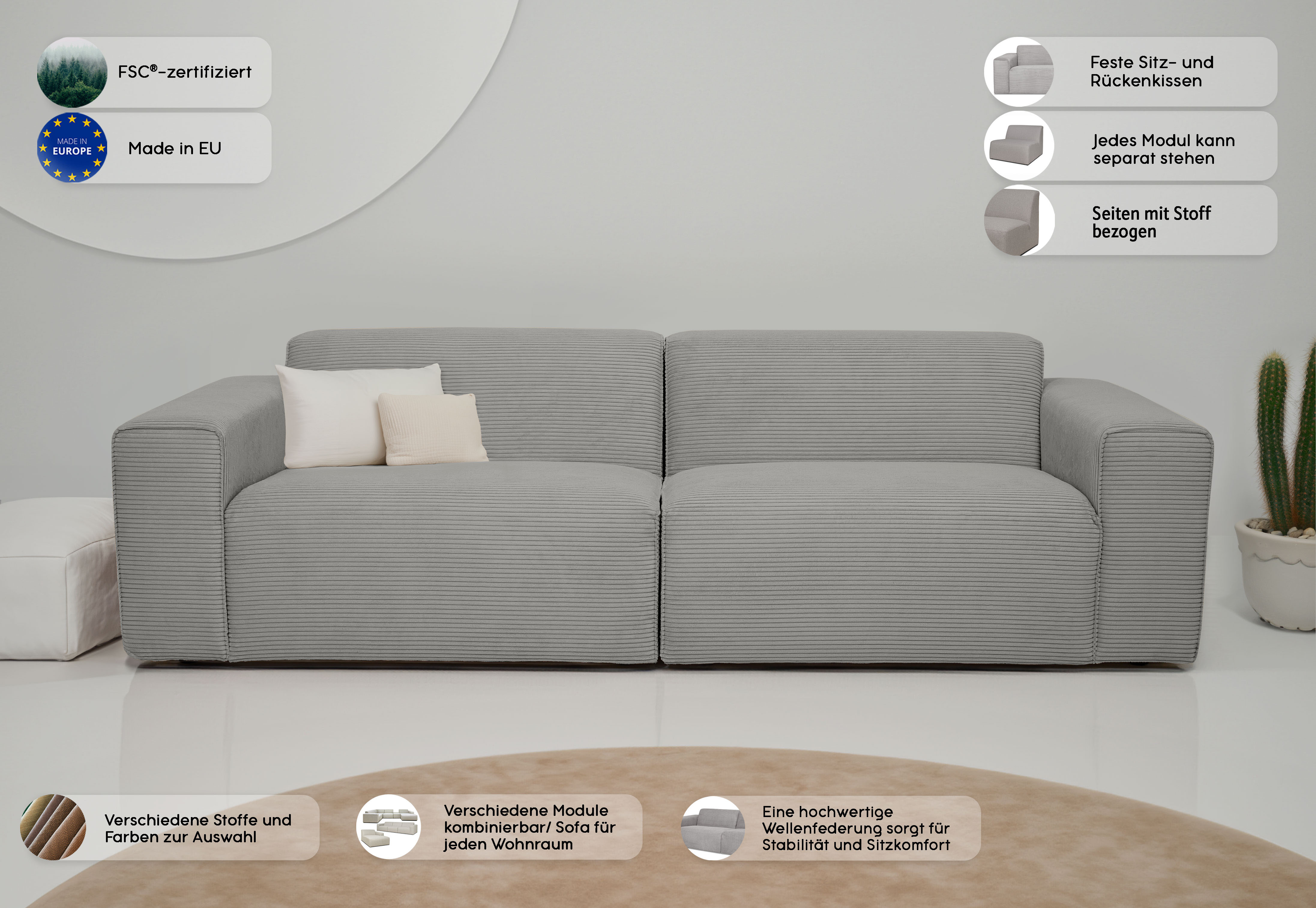 Thumbnail - INOSIGN 3-Sitzer "Koa, 228 cm, Modulsofa in Webstoff, Cord", Designsofa, weicher Lounge-Sitzkomfort, Welleunterfederung,...