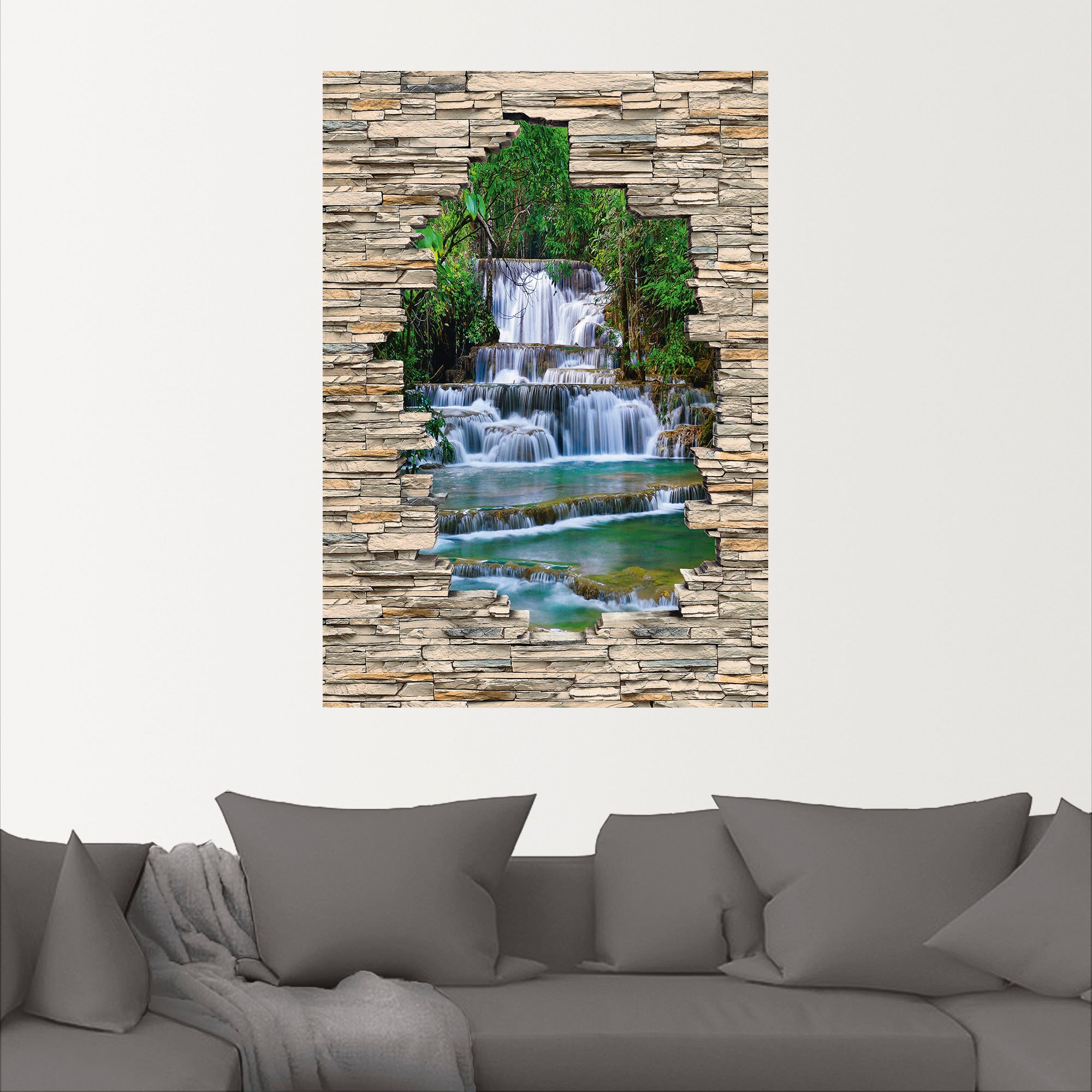 Artland Wandbild »Tiefen Wald Wasserfall Stein Mauer Blick«, Wasserfallbilder, (1 St.), als Alubild, Outdoorbild, Wandaufkleber in verschied. Größen