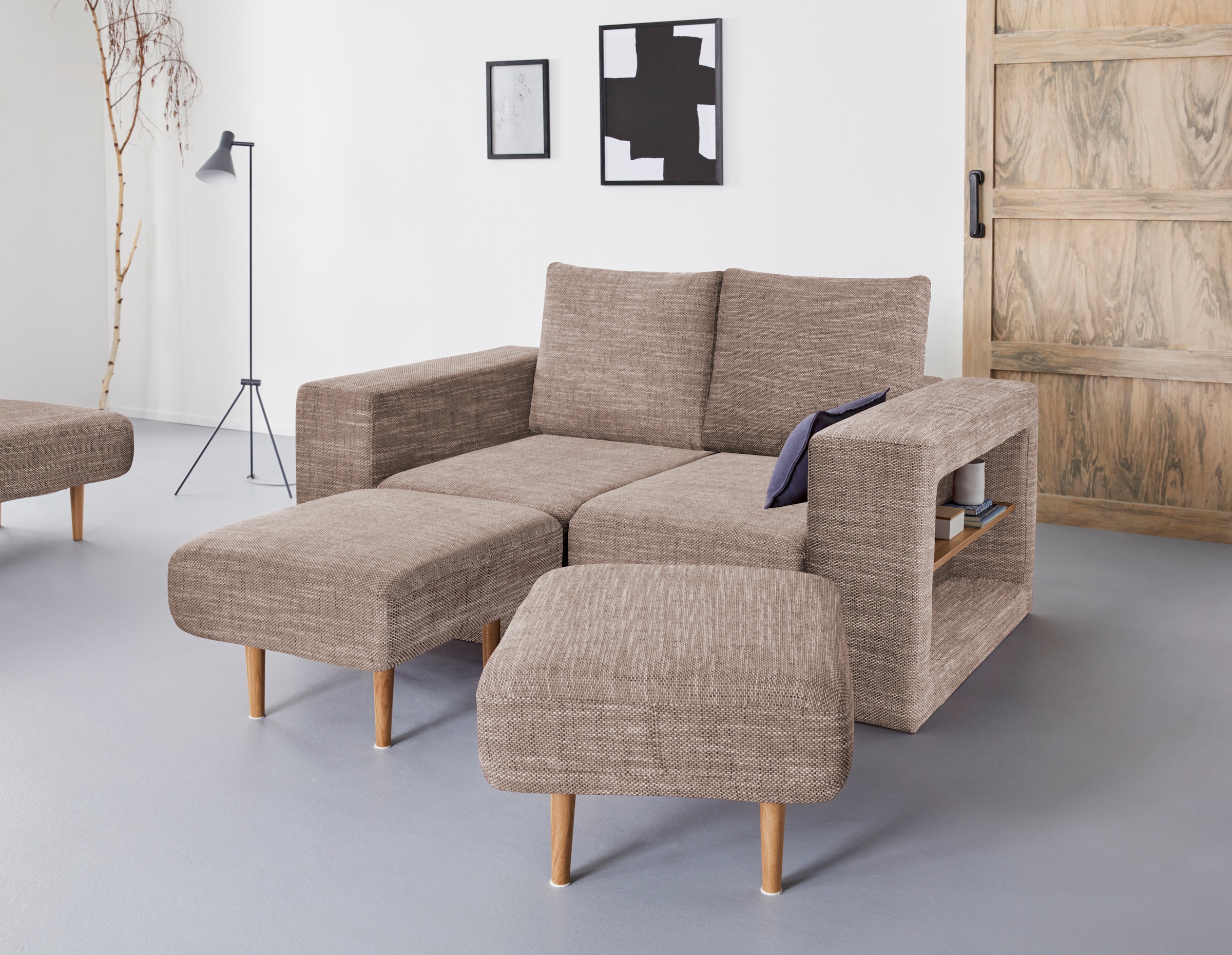 2-Sitzer »Looksvb«, Verwandlungssofa: aus Sofa wird Sofa mit 2 Hockern, mit Regalfunktion