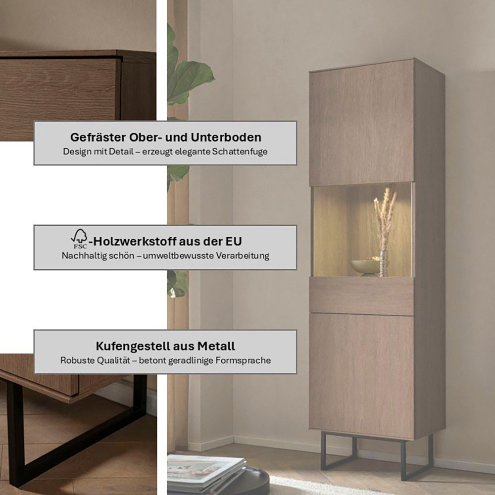 Home affaire Vitrine »Lund, moderner Hochschrank, Glasvitrine mit Kufengestell aus Metall« optisch dünner Oberboden, hochwertige Optik, ausreichend Stauraum