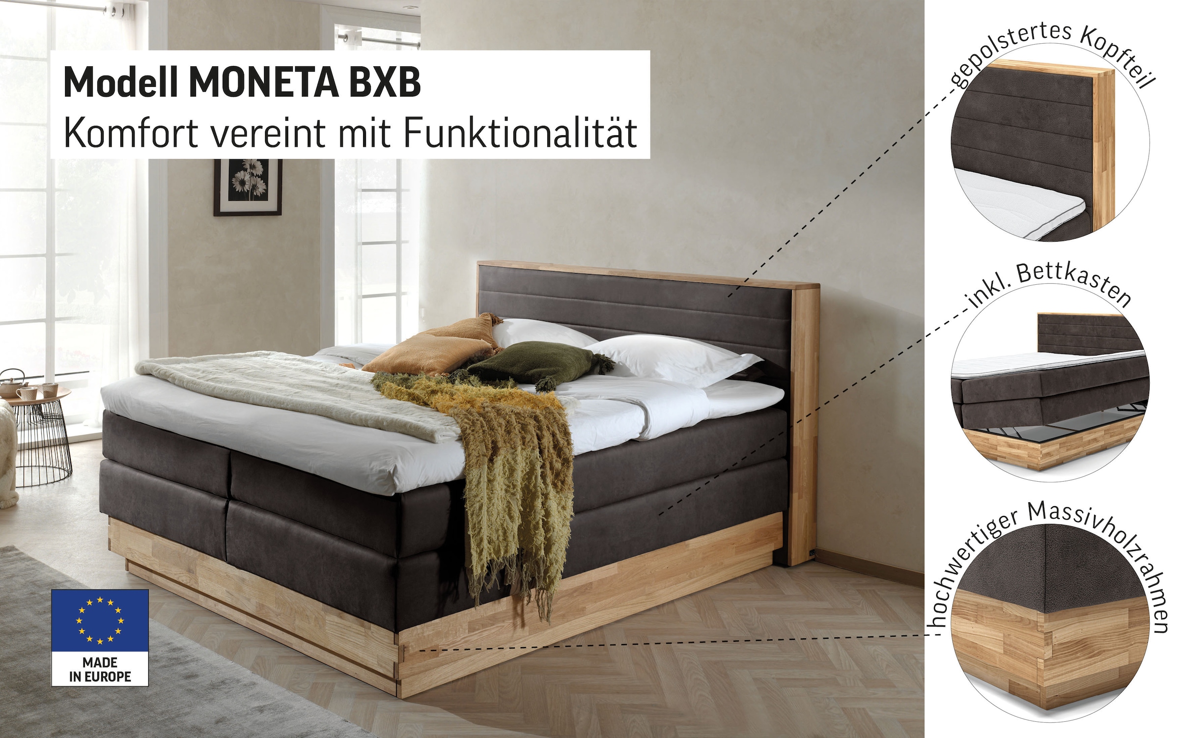 Home affaire Boxspringbett Cavan, Eiche, inkl. Bettkasten & Topper, verschiedene Härtegrade