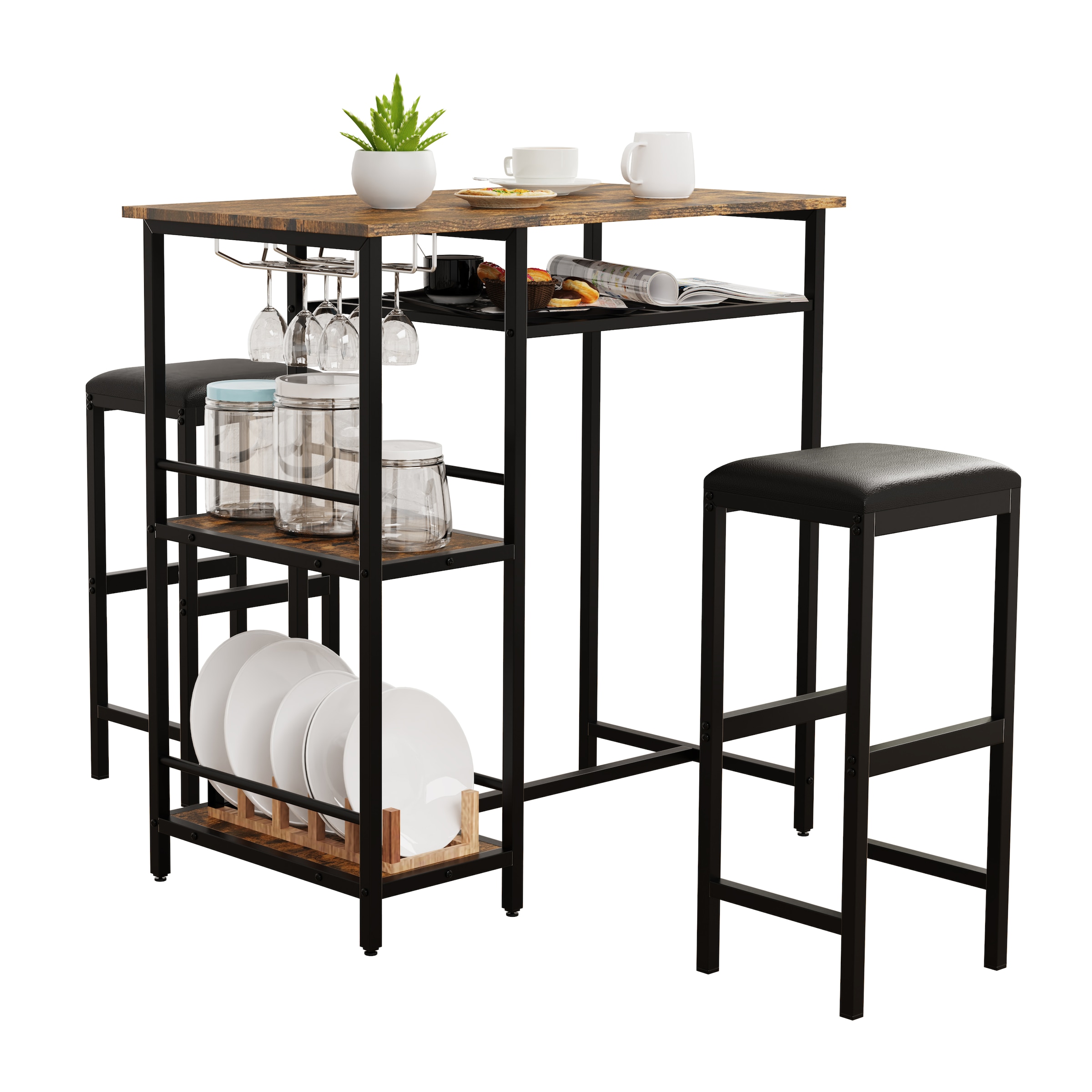 Bartisch VCM, B:90cm T:50cm, braun, Küche, Tische, "3 tlg. Set Bartisch Bistrotisch Barhocker Kolari"