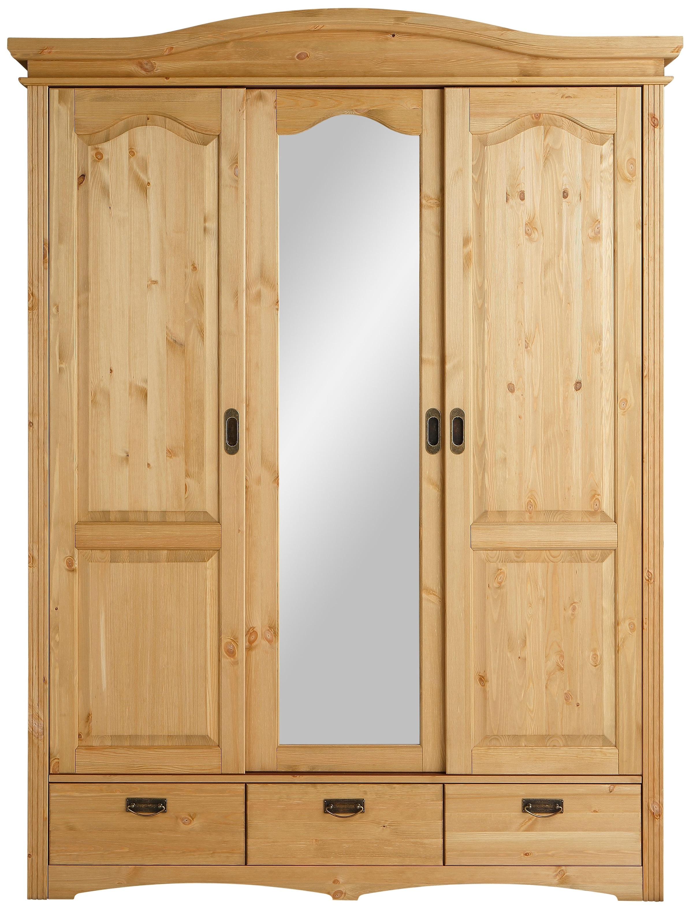 Home affaire Schiebetürenschrank »Konrad, Landhausstil, rustikal, mit Schubladen + Spiegel, Kassetten«, (3 Breiten: 153/202/249 cm H/T ca.207/64 cm), massive Kiefer, FSC®-zertifiziert, Messinggriffe, mehrere Varianten