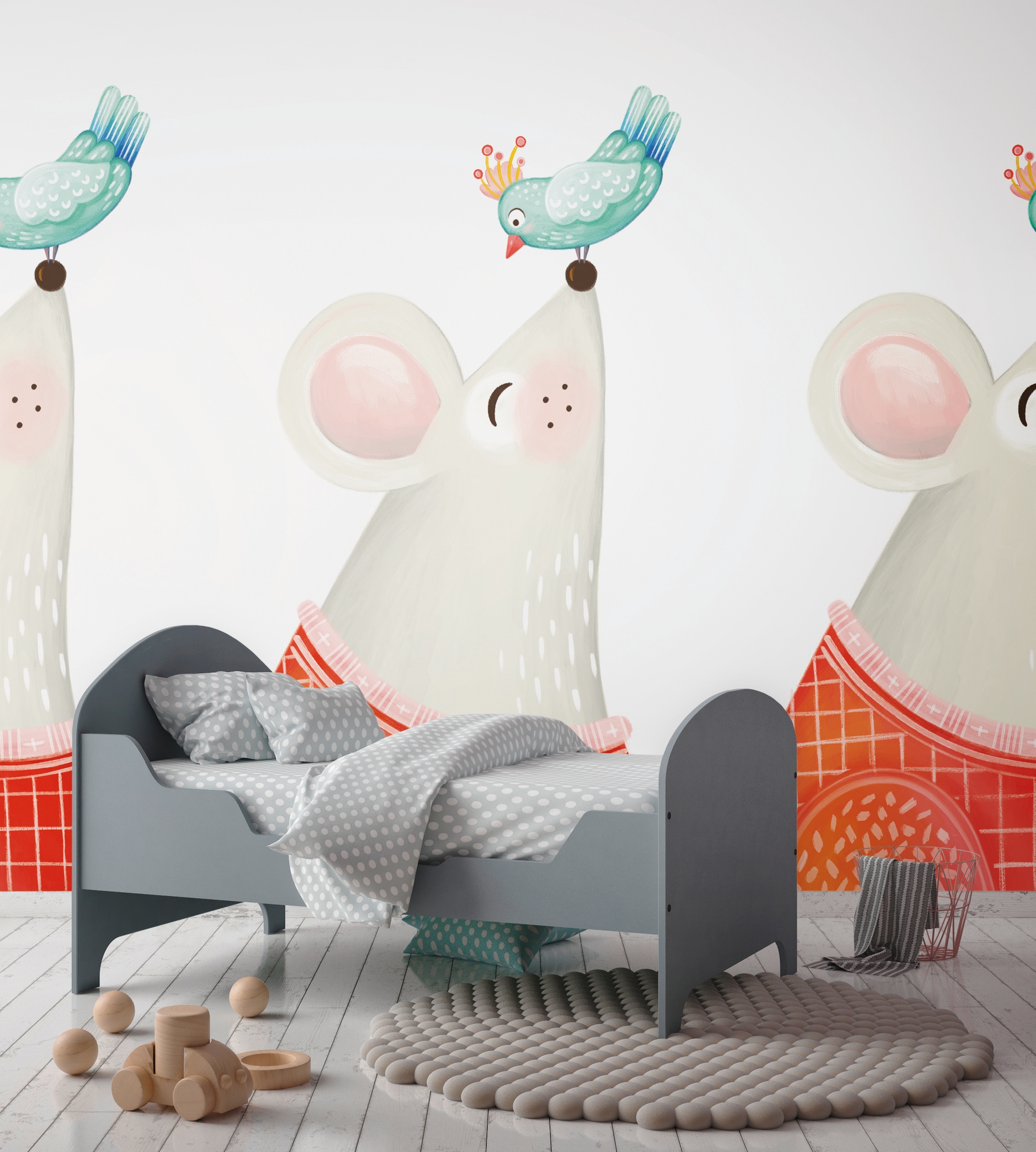 living walls Fototapete "Fototapete Kinderzimmer Maus und Vogel" gemustert matt neutral glatt Babyzimmer Tapete Tapeten Kinderzimmer Schlafzimmer modern Design Büro