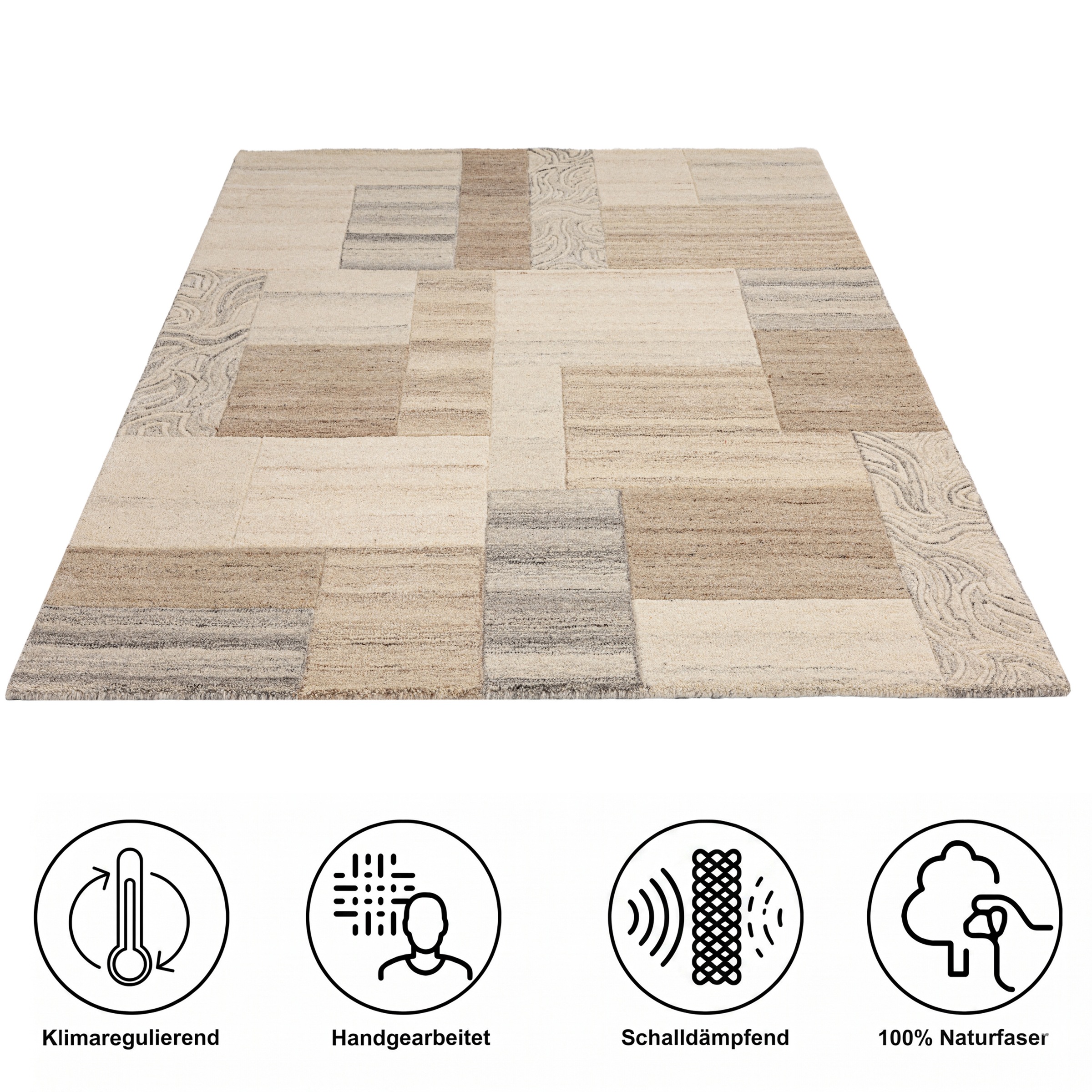 THEKO Wollteppich »Lola, Wolle, handgearbeitet, Patchwork Design, handgetuftet« rechteckig 12 mm Höhe Wohnzimmer, Schlafzimmer, Esszimmer, auch als Läufer und rund