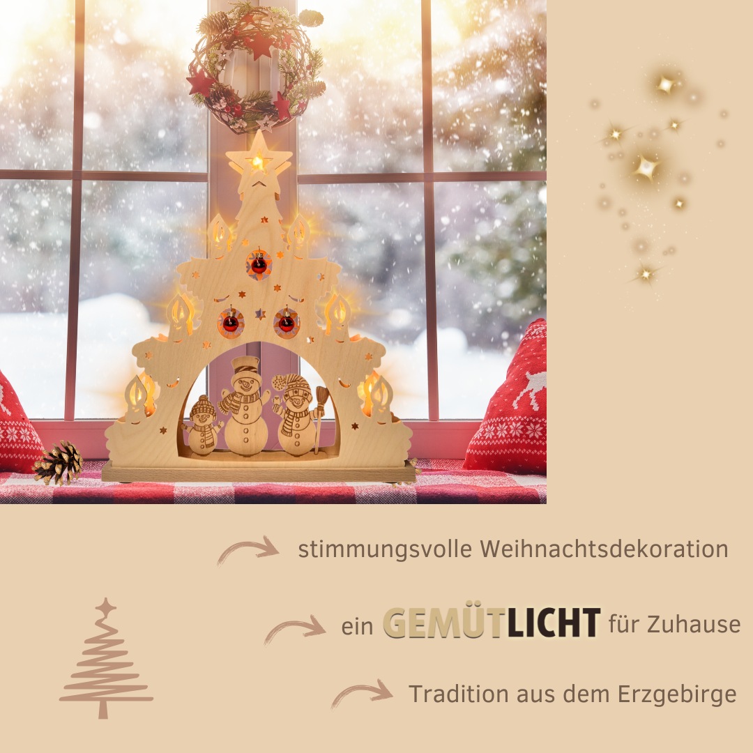 Weigla LED Schwibbogen »Schneemannfamilie mit roten Kugeln« Erzgebirge garantiert, Lichterspitze aus Buchenholz
