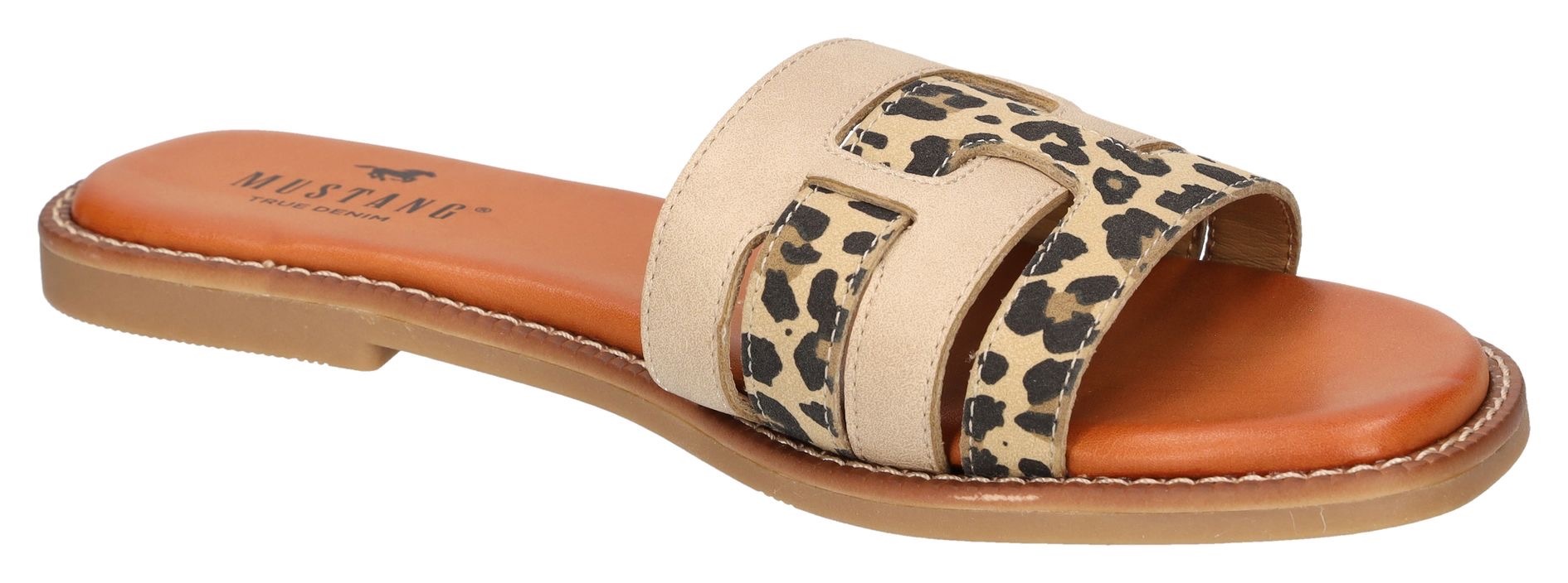 Pantolette MUSTANG SHOES, Damen, Gr. 38, beige (beige, leo), Lederimitat, Schuhe Pantolette, Flats, Sommerschuh, Urlaubschuh, Slides mit Leo-Einsätzen 3