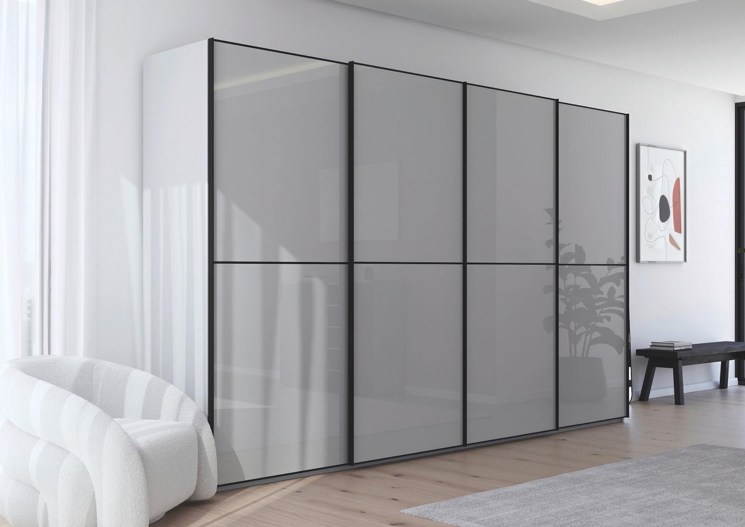 rauch Schwebetürenschrank »Kleiderschrank Schrank Garderobe Schlafzimmerschrank SCALE-DUO«, edle zweigeteilte Türen Glas-Front mit 3 Zierleisten MADE IN GERMANY