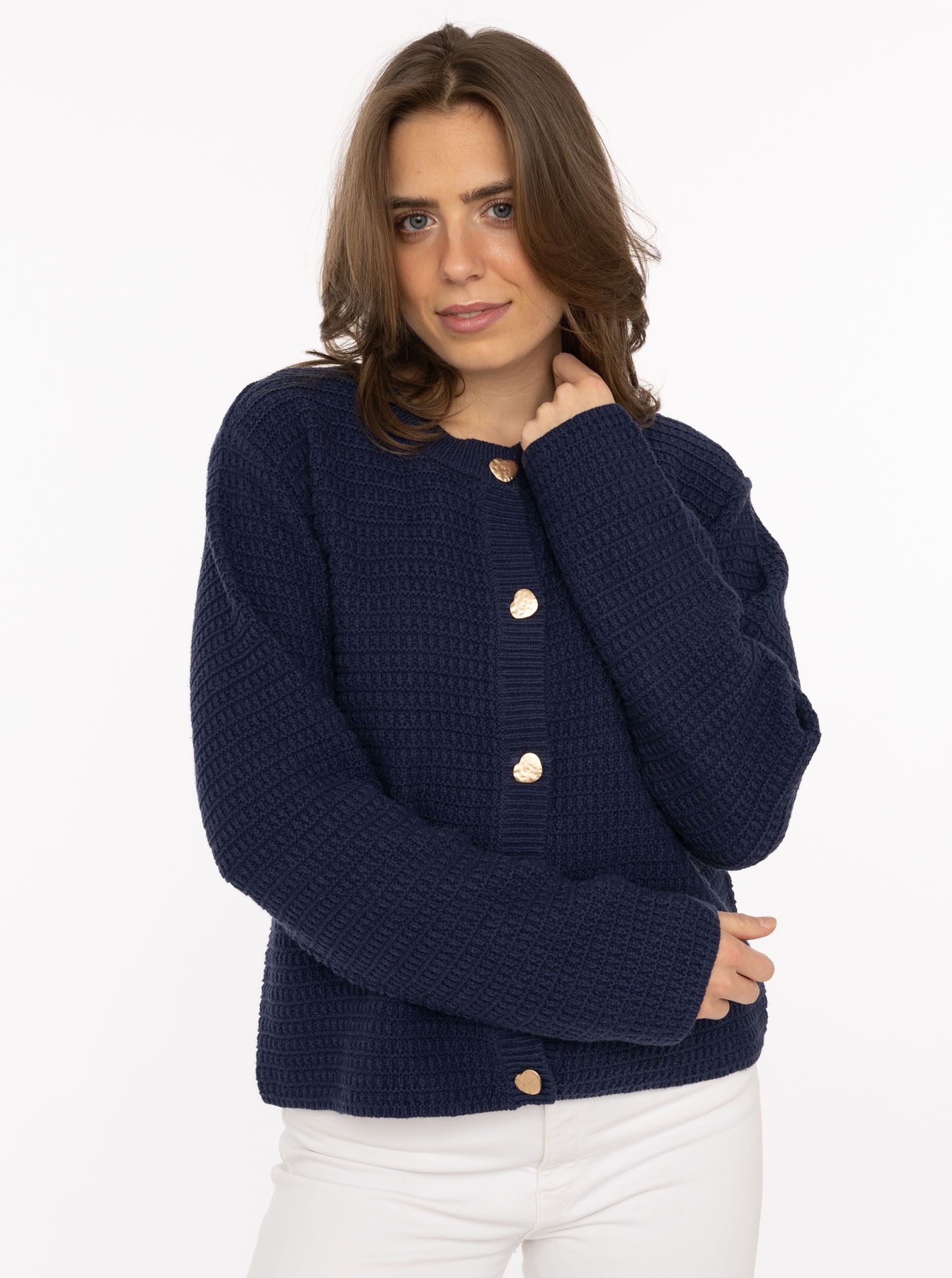 Zwillingsherz Strickjacke ""Herz Knopf"" mit Lockstrickmuster und Herzknöpf günstig online kaufen