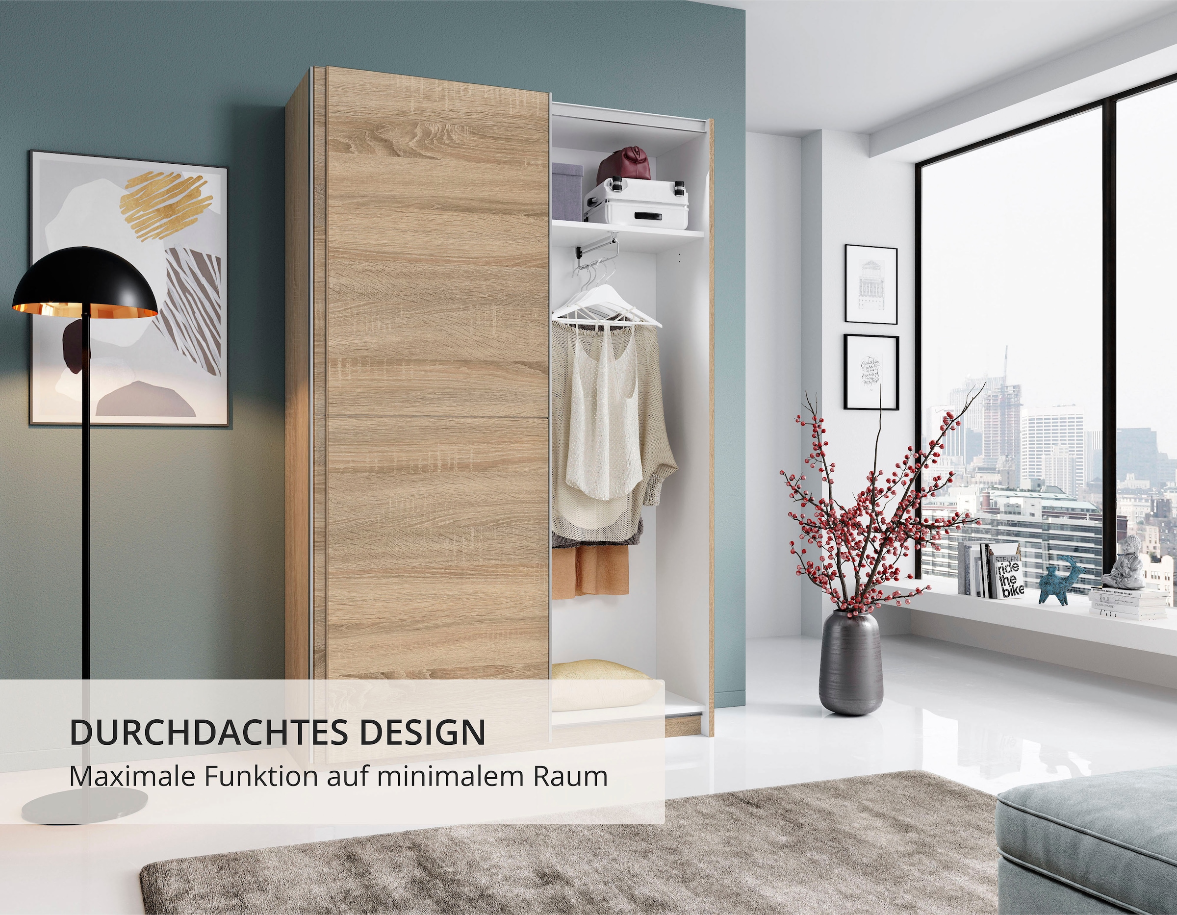 Schlafkontor Schwebetürenschrank »Heimo/Fast Schrank Kleiderschrank Garderobe«, geringe Tiefe, ausziehbarer Kleiderstange, Garderobenschrank, 6 Böden