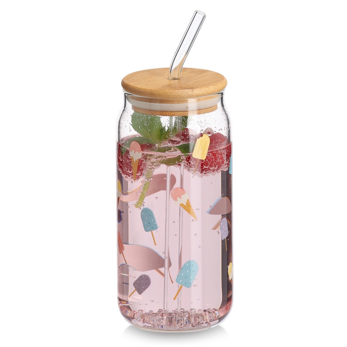 Zeller Present Gläser-Set »Trinkglas-Set, 4er Set« Stilvolles Sommer-Motiv mit Deckel und Glastrinkhalm, 500 ml