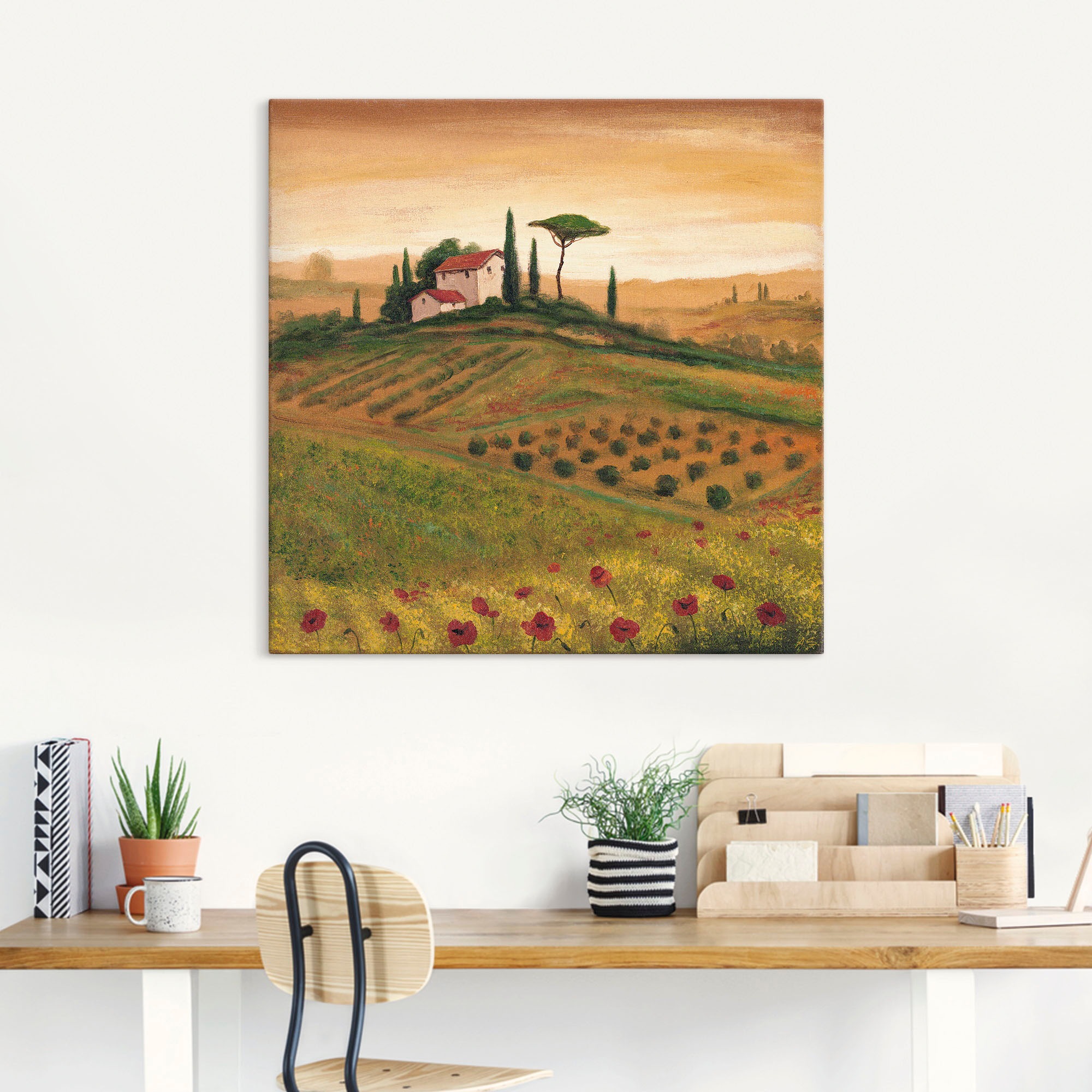 Artland Leinwandbild »Toskanalandschaft mit Mohnblumen I«, Bilder von Europa, (1 St.), auf Keilrahmen gespannt