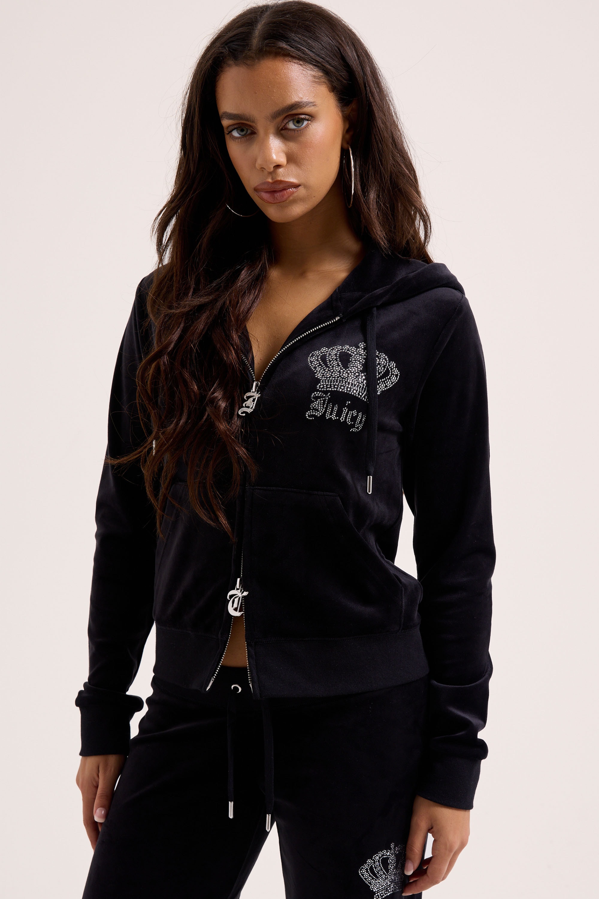 Juicy Couture Kapuzennickijacke »GOTHIC CROWN HOODIE. Damen« mit Kapuze Trainingsjacke Damen, Sweatjacke mit Kapuze, Velour, mit Glitzer, Sale