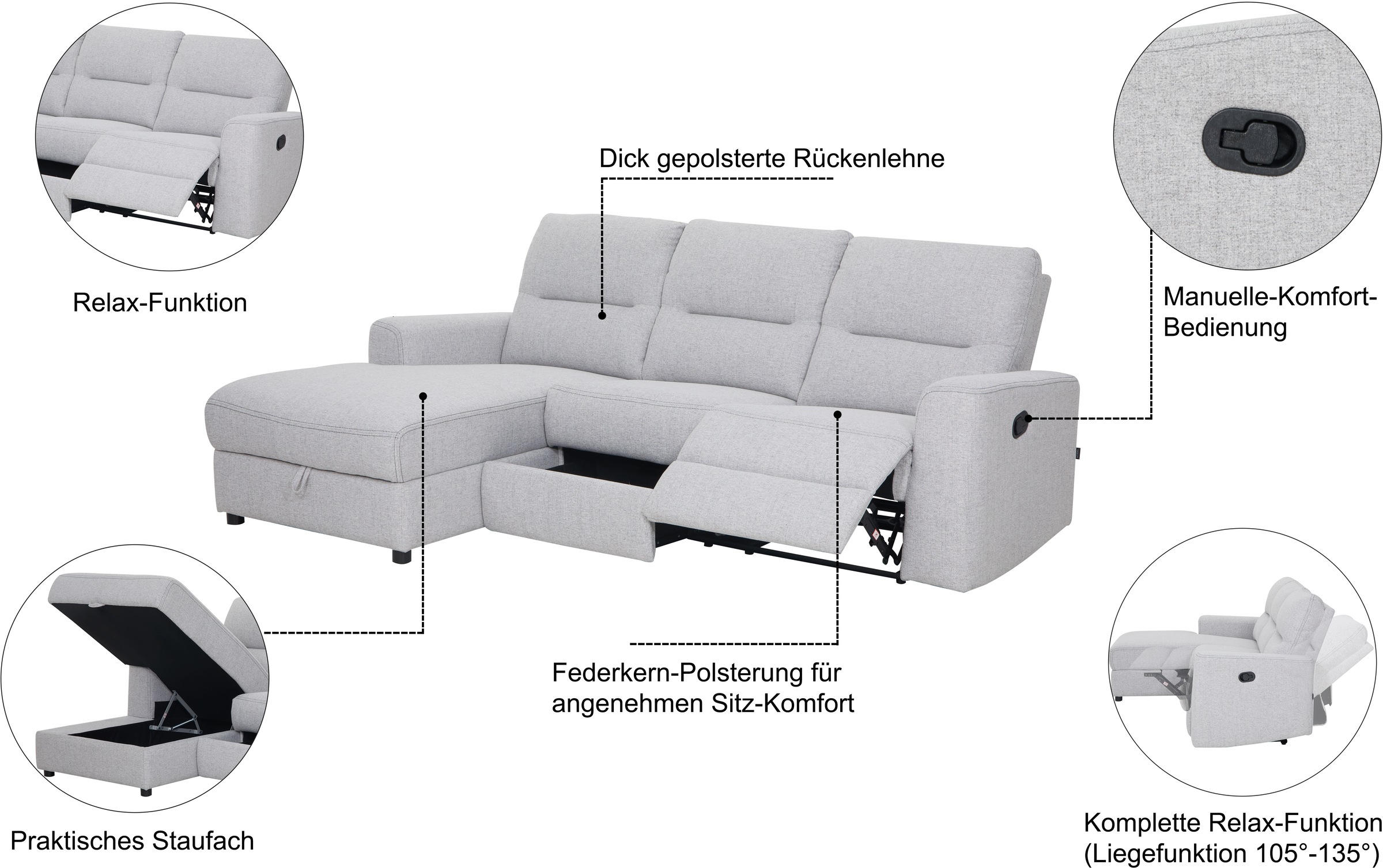 Thumbnail - Home affaire Ecksofa "VENOIR, L-Form, 250 cm, manuelle u. elektrische Funktion (m. USB A/C)", Stauraum unter der Recamie...